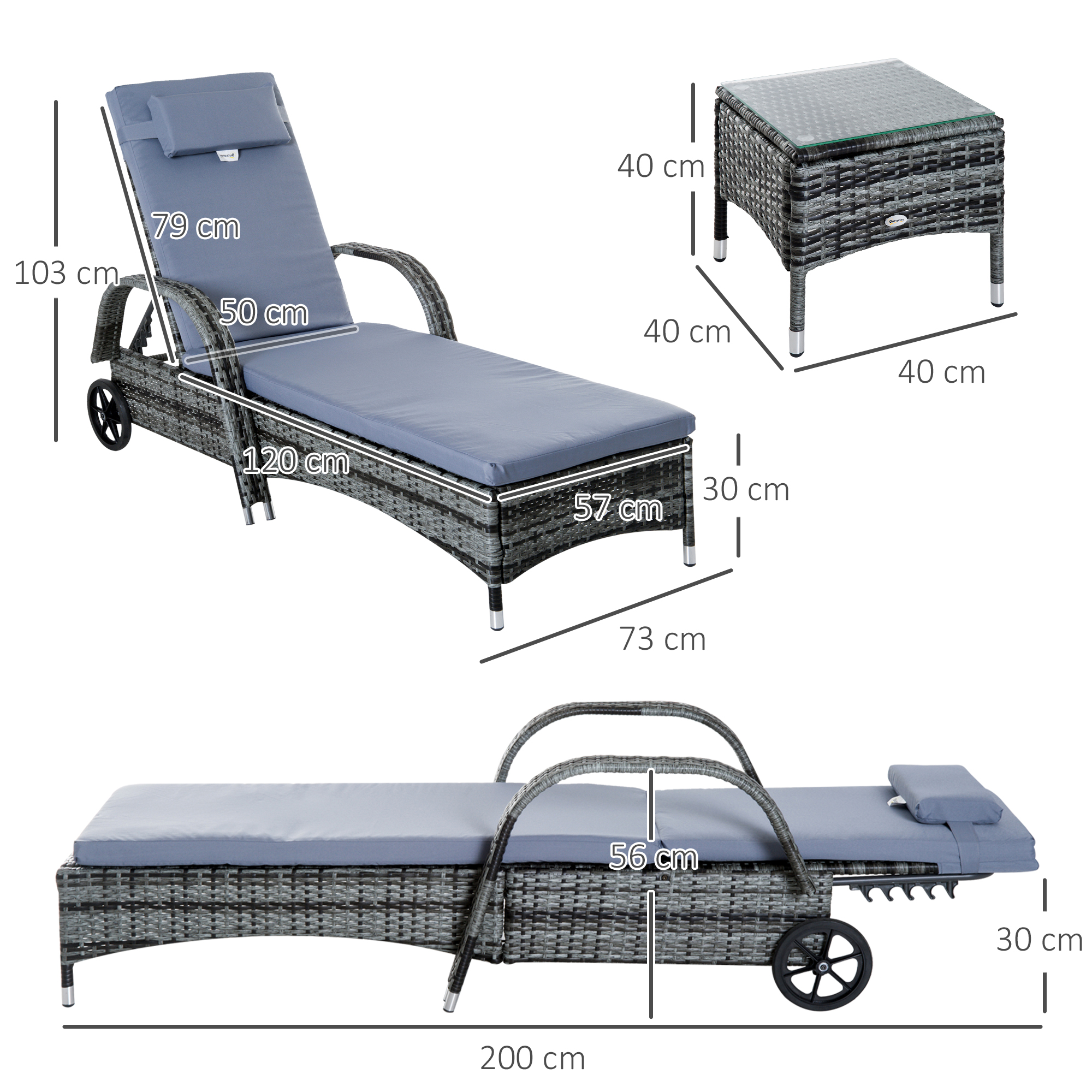 Sonnenliege Gartenliege Tisch 3er-Set Gartenmöbel, Polyrattan+Metall Grau