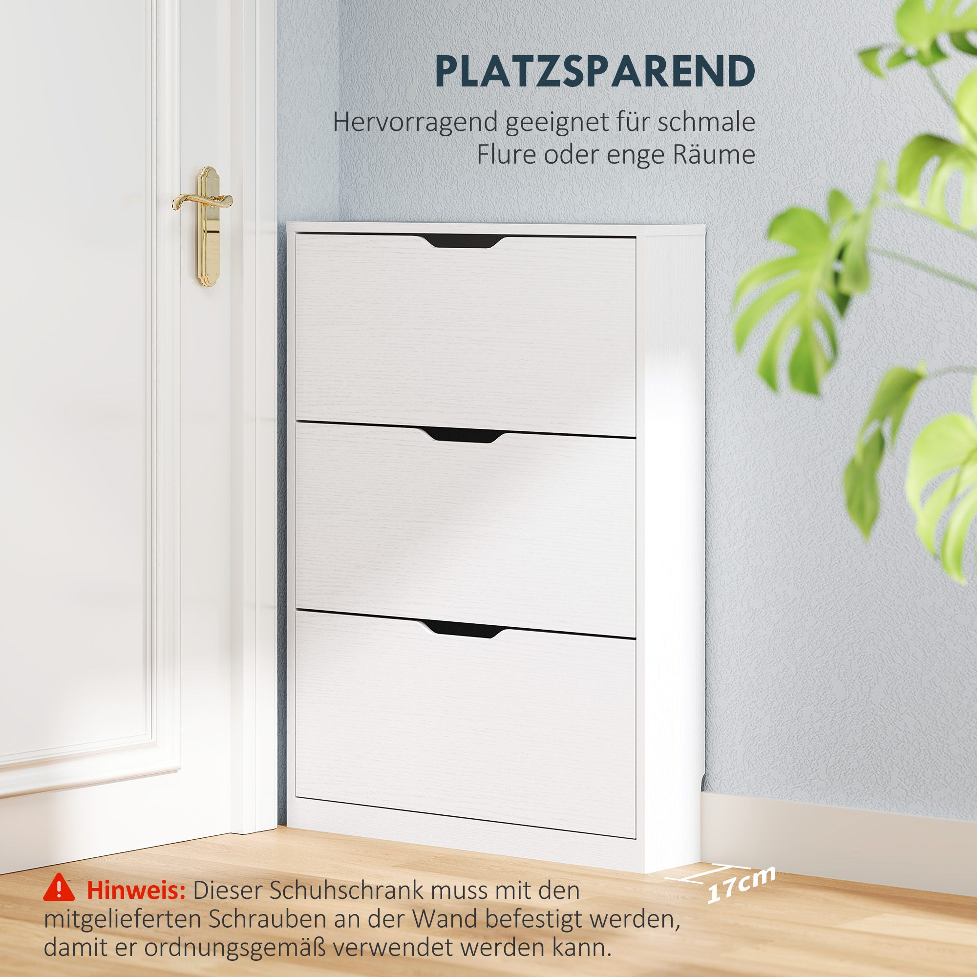 Schuhschrank mit 3 Klappschubladen, für bis zu 12 Paar Schuhe, Spanplatte, 80 x 17 x 108 cm, Weiß