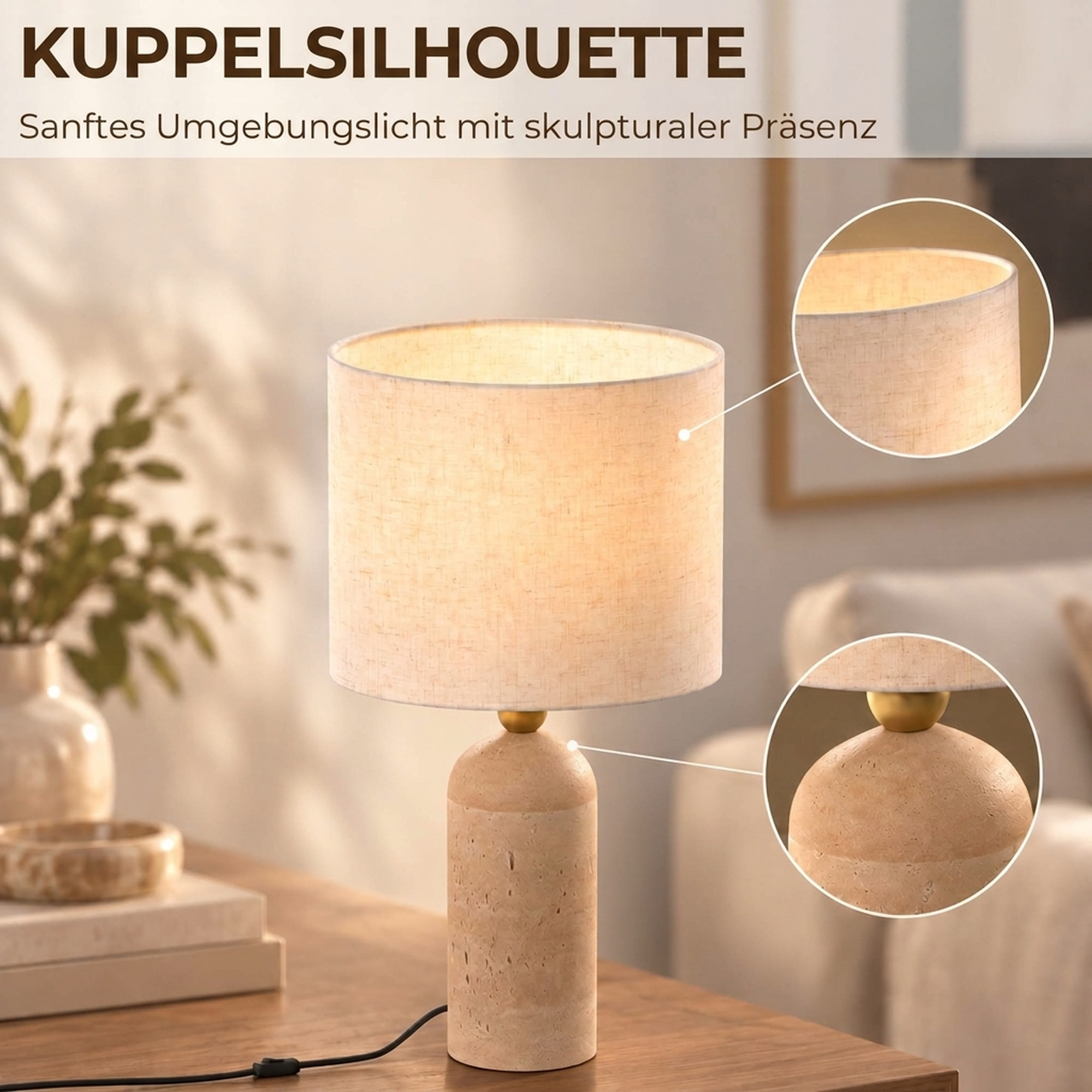 Tischlampe Vintage E27 Nachttischlampe Stoffschirm Kabel, 48 cm Beige