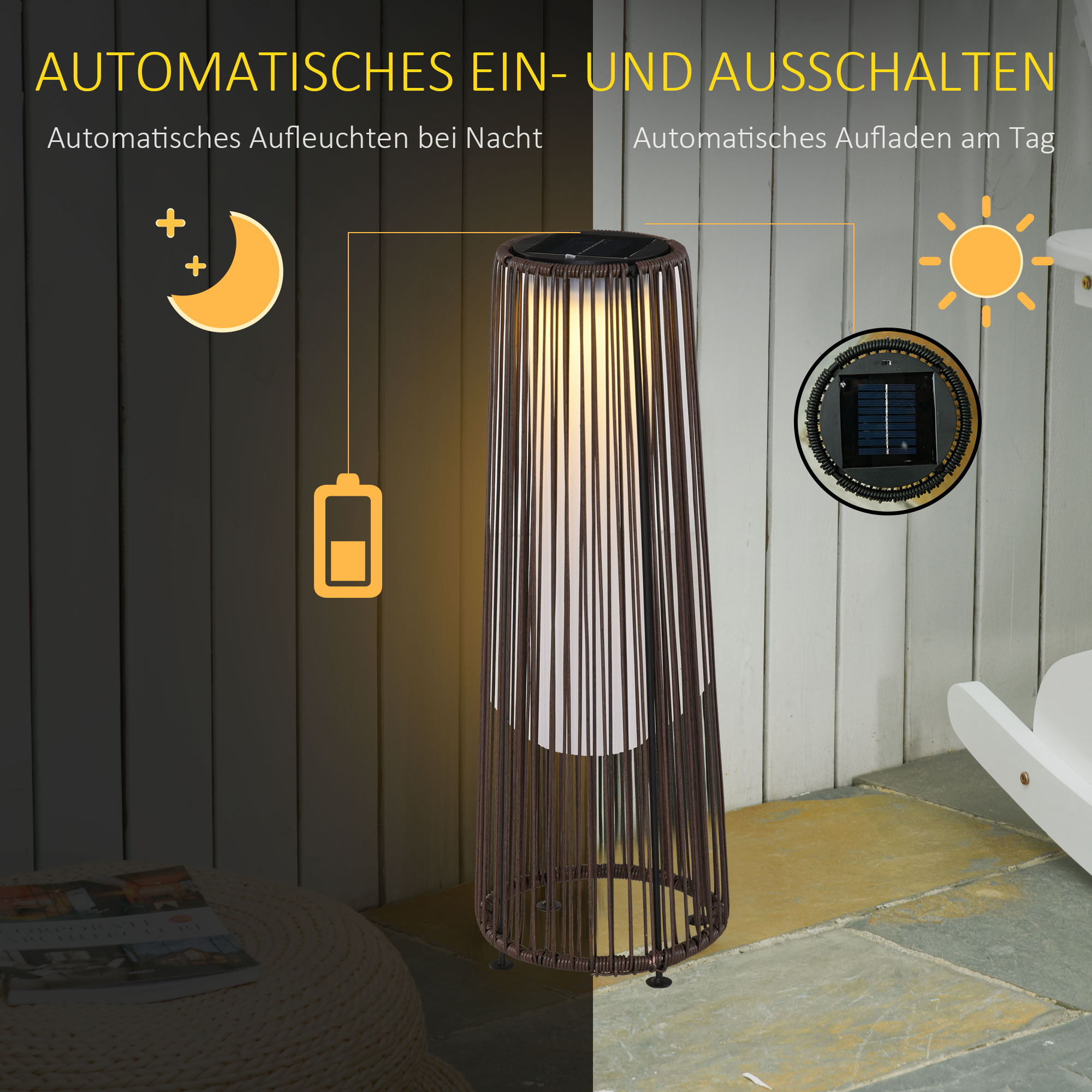 Gartenleuchte, Außenlampe, solarbetrieben, 8 Stunden Betrieb, Automatikmodus, Rattanoptik, 21,5 x 21,5 x 61 cm