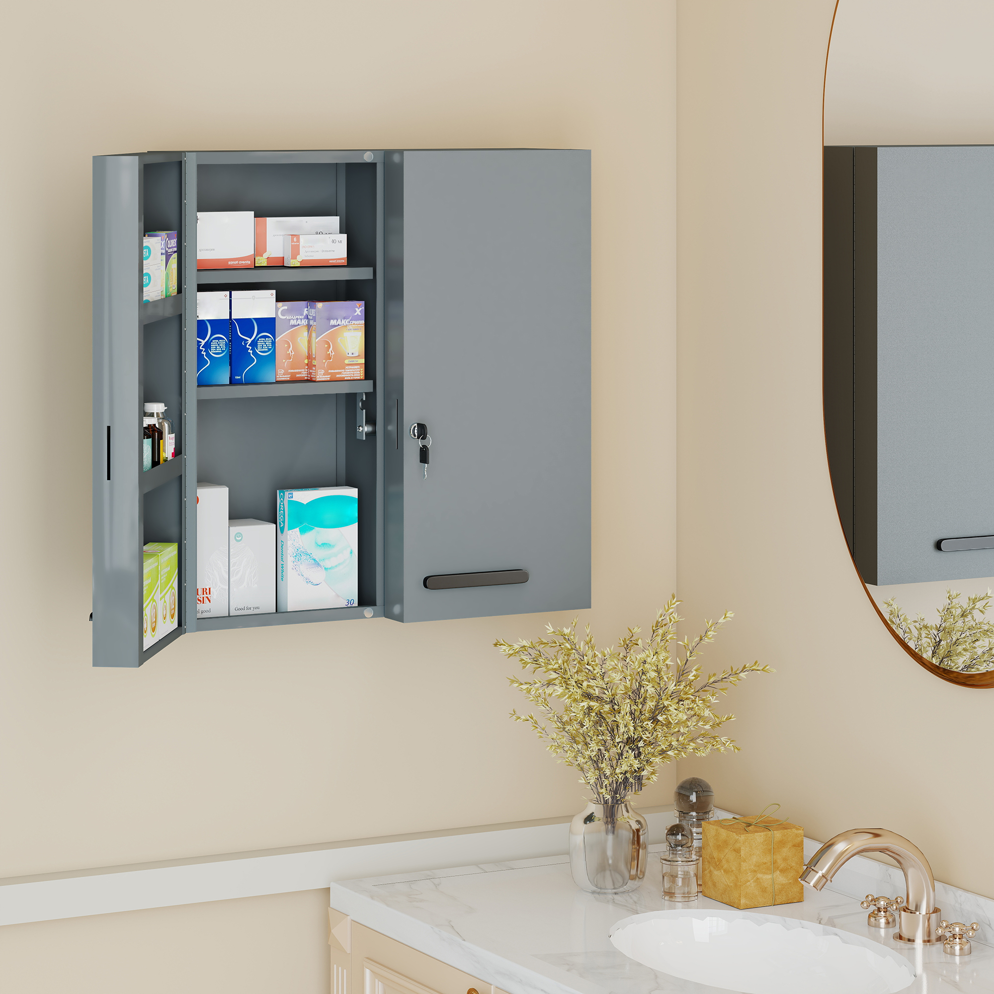 Medizinschrank, abschließbarer Medikamentenschrank mit 2 Türen und 6 Regalen, Kohlegrau