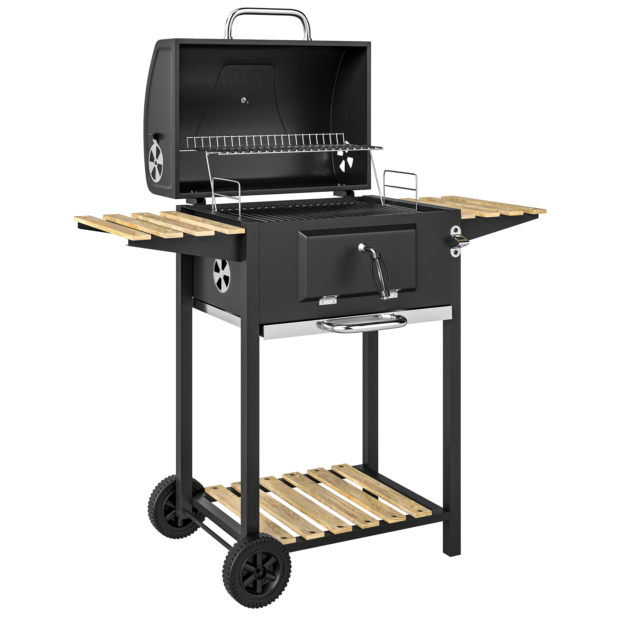 Holzkohlegrill, höhenverstellbare Kohlenpfanne, Grillwagen, Regale, Thermometer, Flaschenöffner, Stahl, Holz, Schwarz