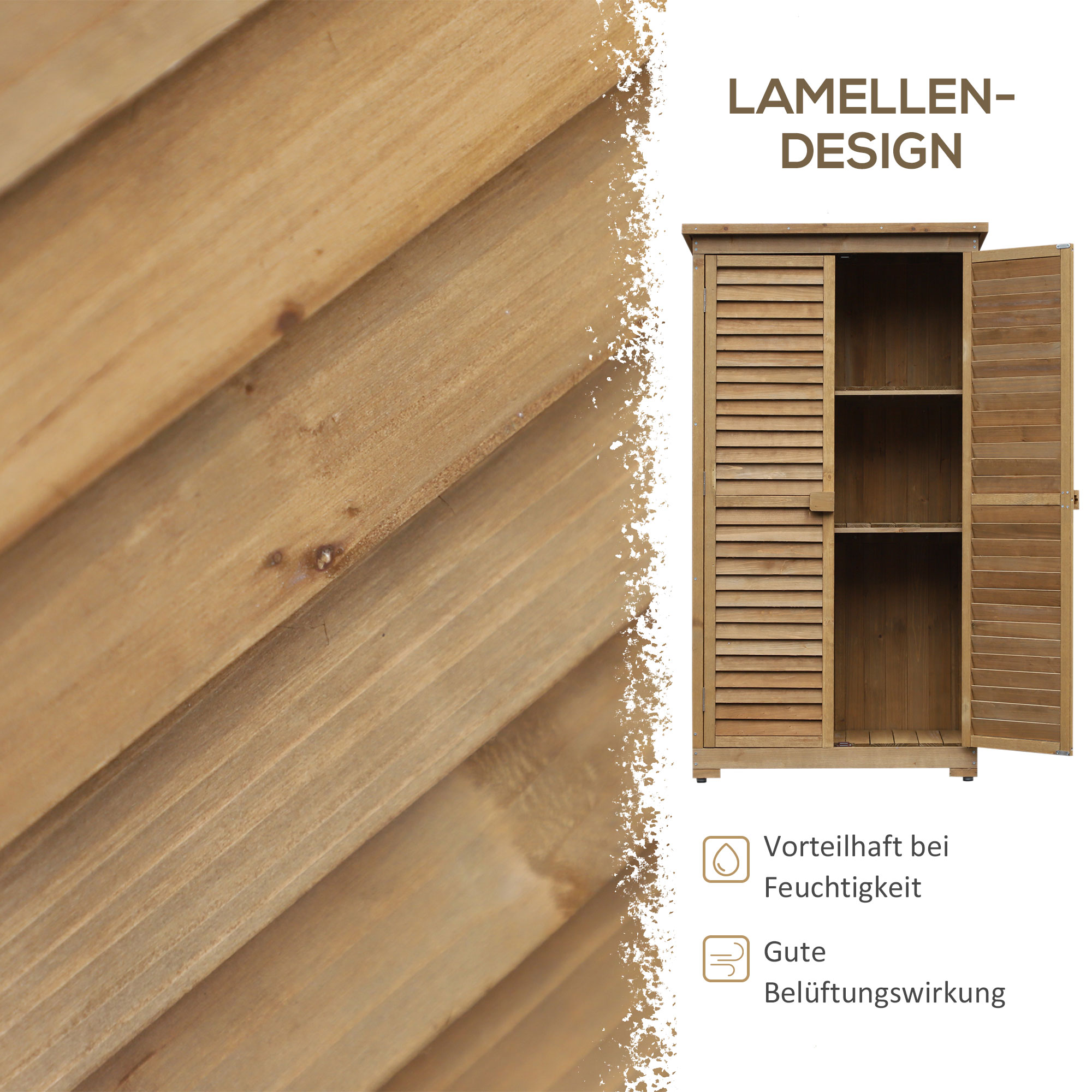 Geräteschuppen mit Lamellentüren 3 Regale wetterbeständig 87 cm x 46,5 cm x 160 cm Tannenholz Braun