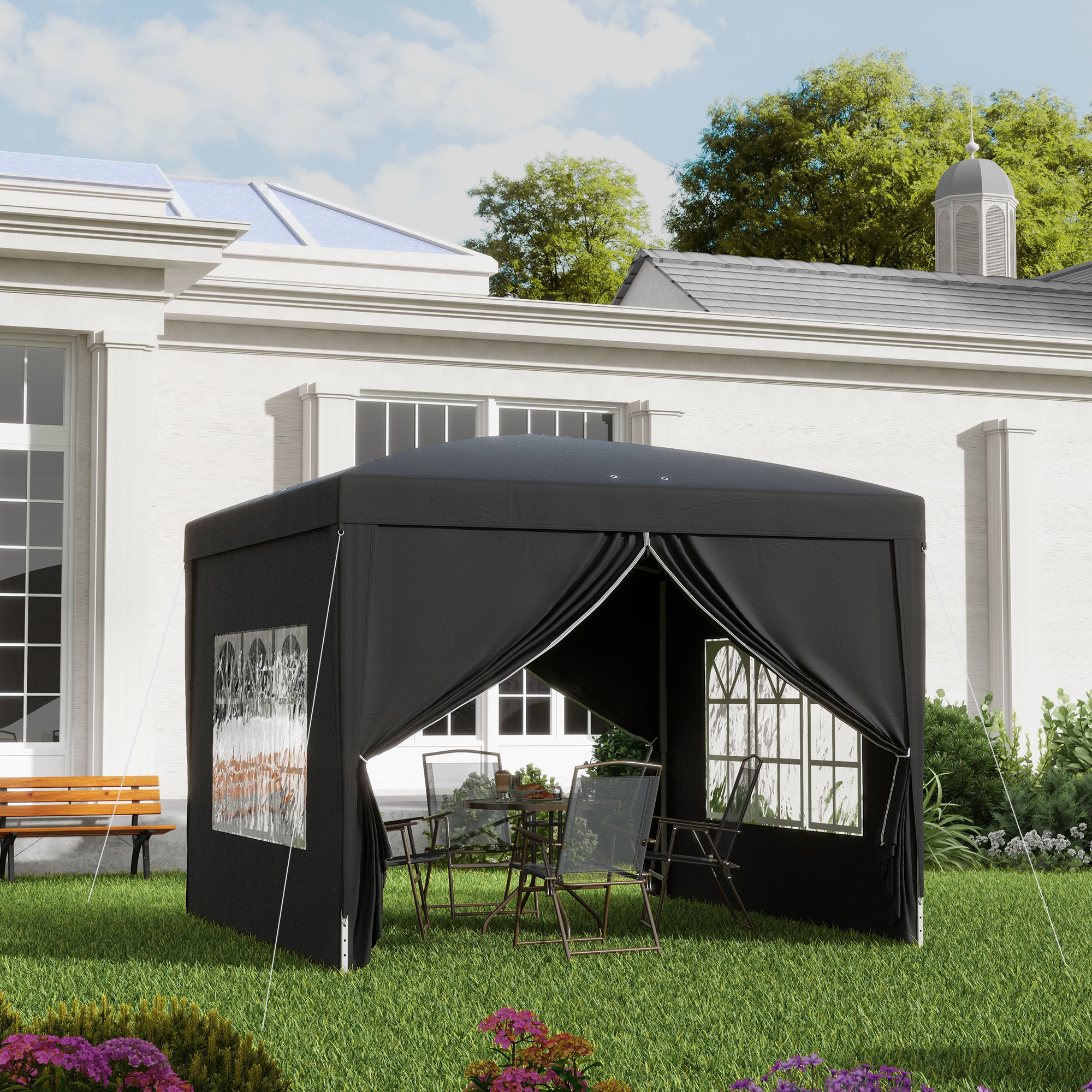 3 x 3 m Pavillon mit 4 Seitenwänden, Fenster, Festzelt mit UV-Schutz, Gartenzelt inkl, Tragetasche, Stahl, Schwarz