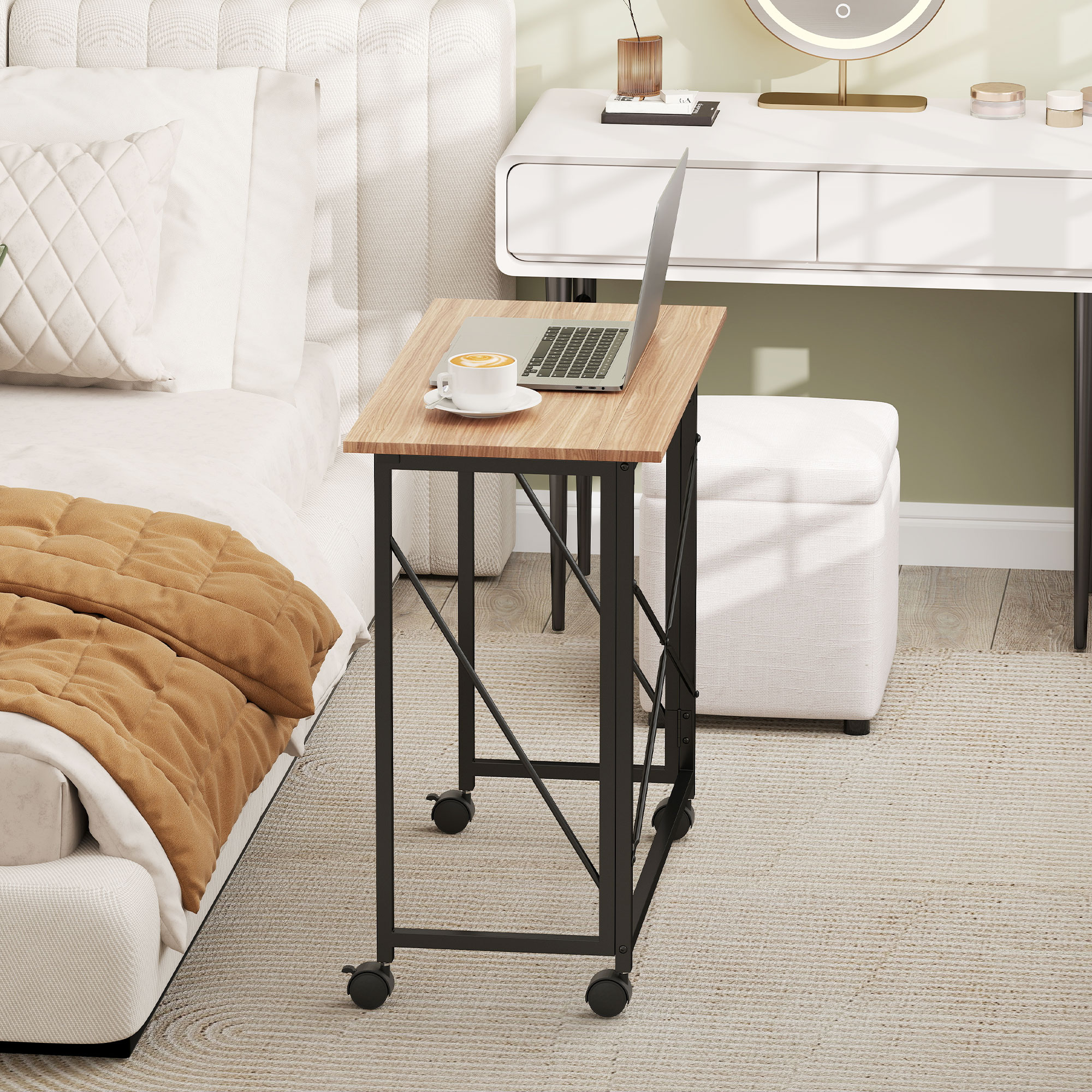 Klappbarer Schreibtisch mit Rädern, platzsparend, Stahl, MDF, Eiche