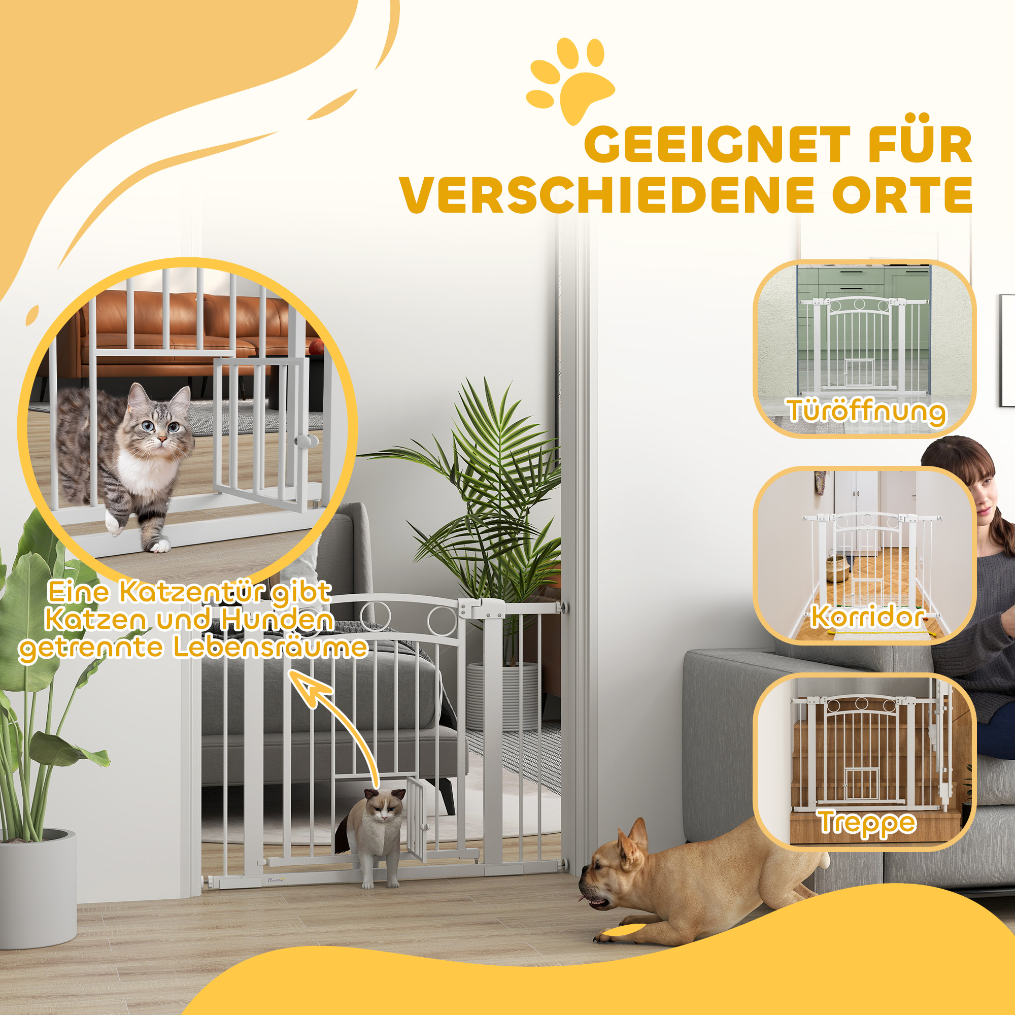 Haustiertor, 77 cm Treppengatter, verstellbare Breite 76-104 cm, mit Katzentür, für Treppen und Türöffnungen, Weiß