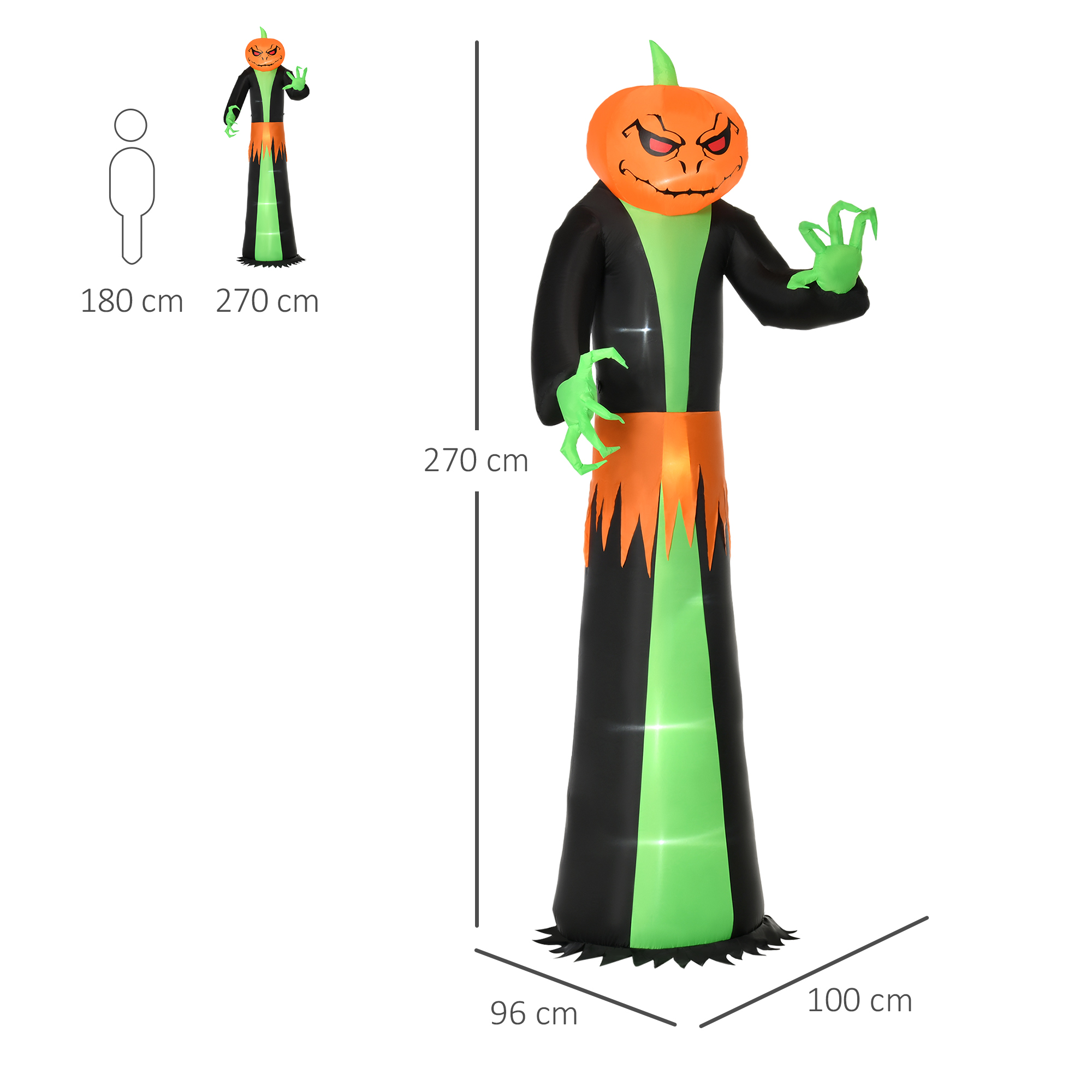 Halloweengeist mit LED-Lichtern, selbstaufblasend, inkl. Gebläse, 100 cm x 96 cm x 270 cm, Grün + Gelb + Schwarz