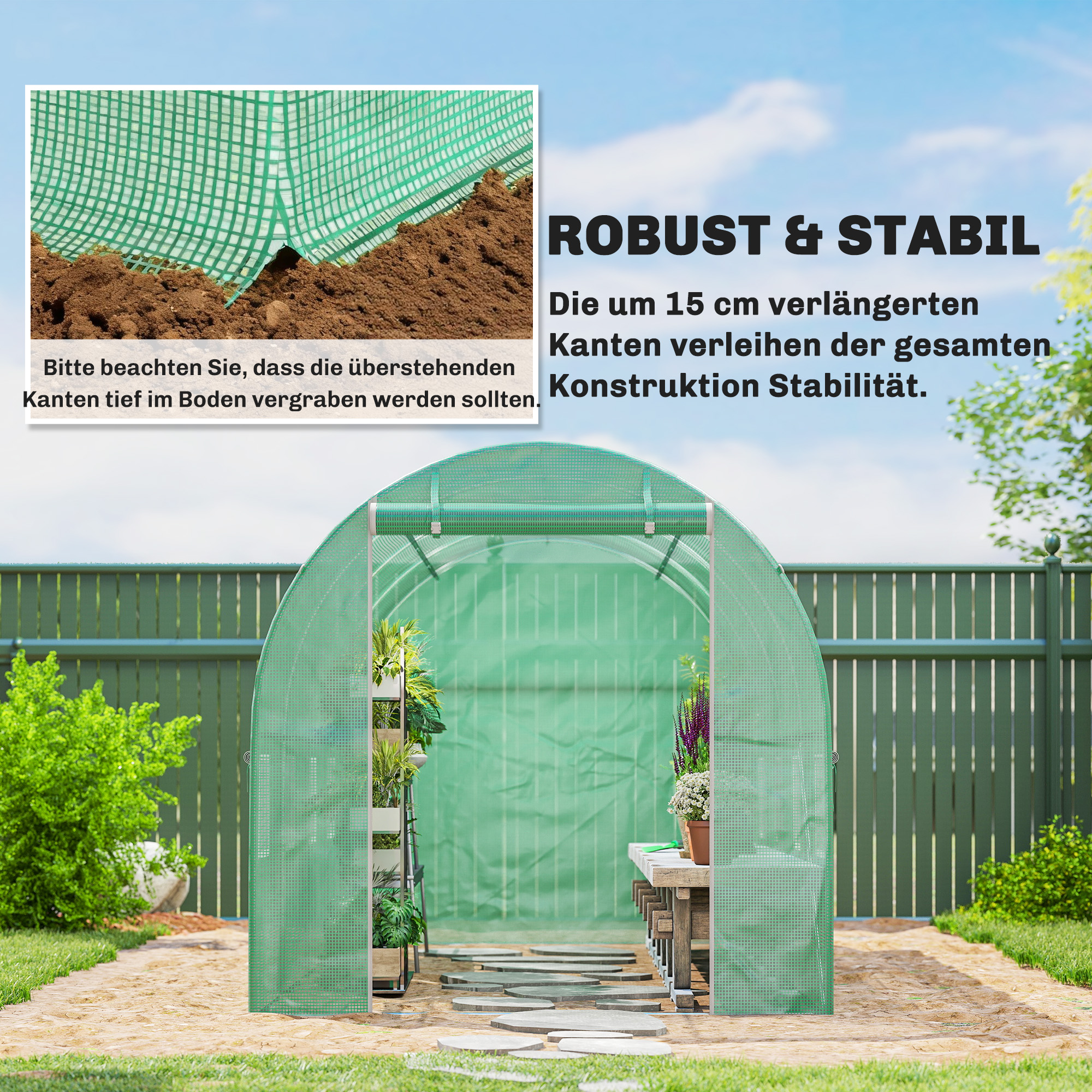 Gewächshausfolie 4 x 2 m, wasserdicht Gartenfolie mit Tür, 8 Fenster, UV Schutz, Reißfest Polyethylen NUR Folie Grün