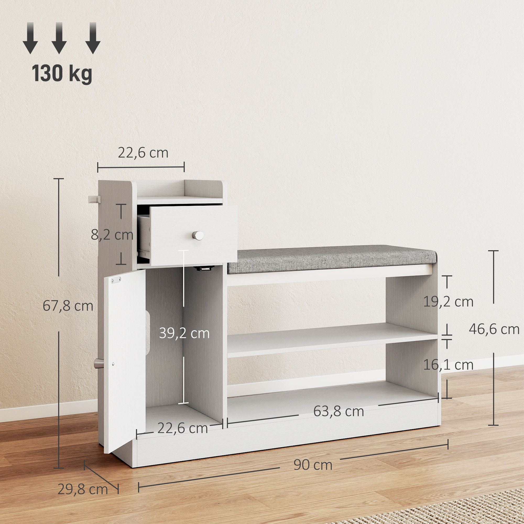 Schuhbank mit Sitzkissen Schublade und offenen Ablagen Flurbank 90x29,8x67,8cm Weiß