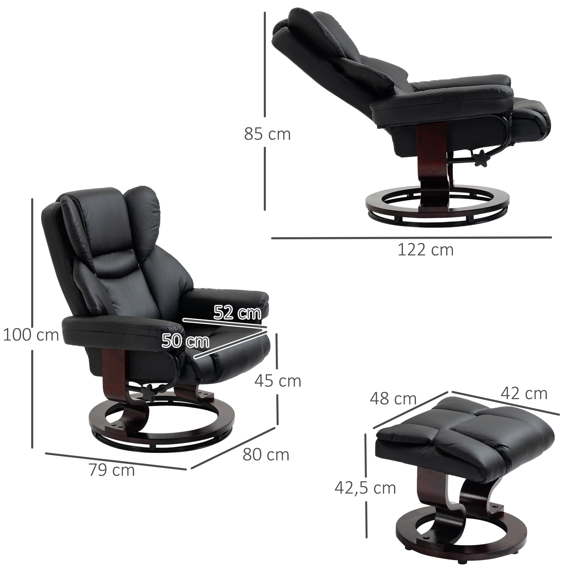 Relaxsessel mit Hocker, Liegefunktion, drehbar, bis 160 kg, Kunstleder, Metallrahmen, schwarz, 80 x 79 x 100 cm