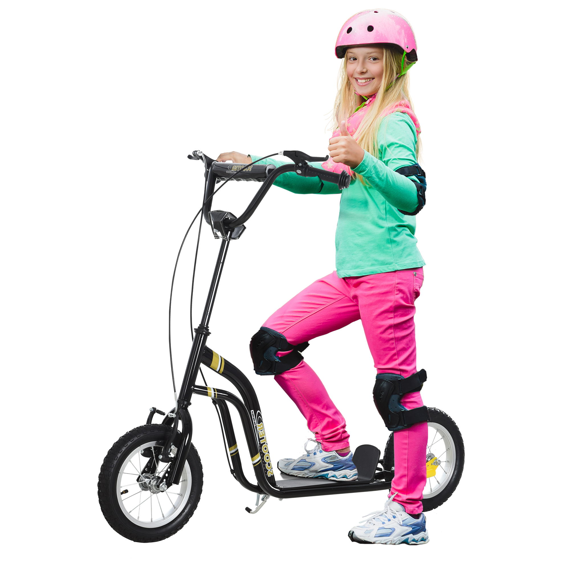 Kinderroller ab 5 Jahre Scooter Kinderscooter Tretroller Cityroller Kinder Roller Kickboard mit Luftreifen 12 Zoll Gummi Aluminium Schwarz 120 x 58 x 85-95 cm