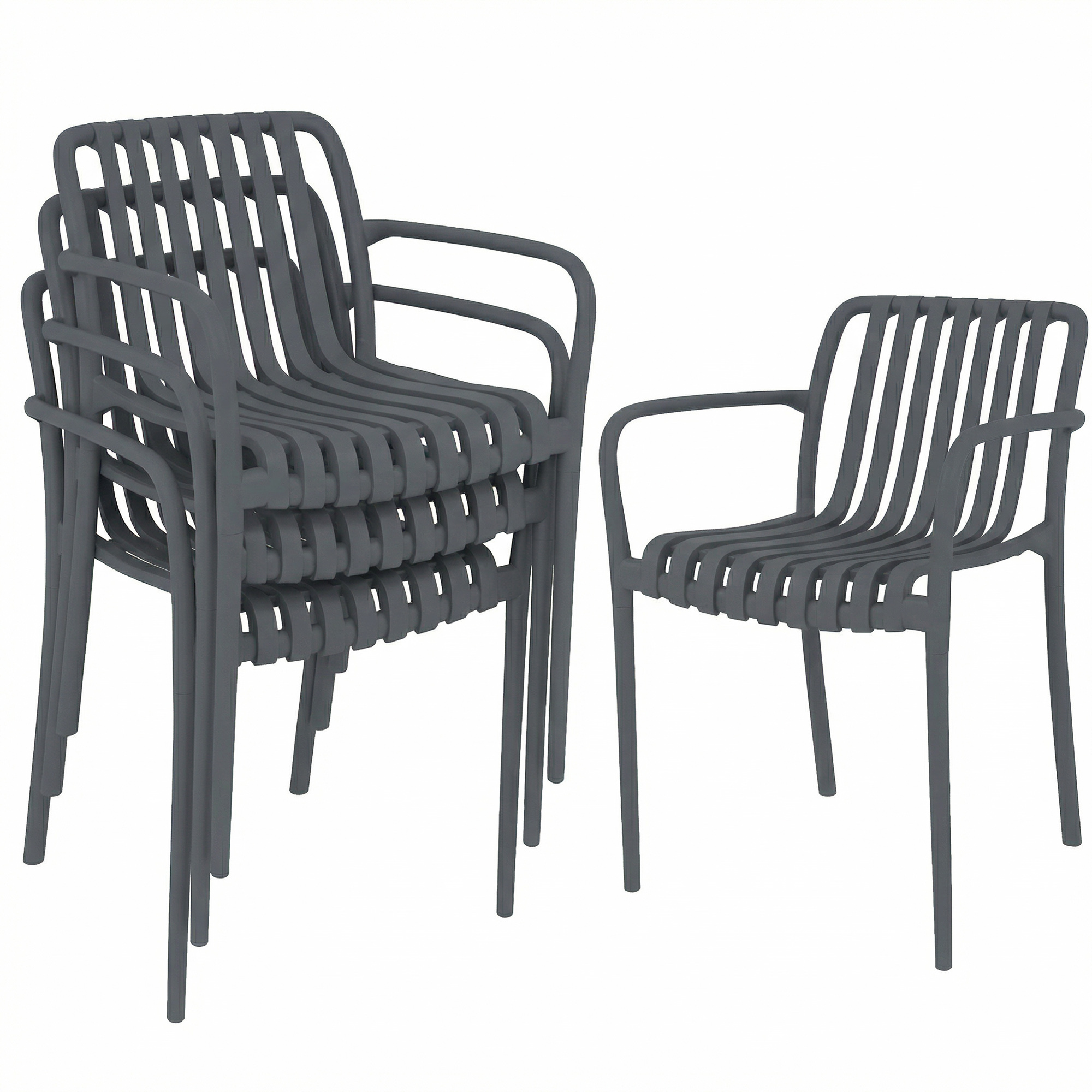 Gartenstühle 4er Set Stapelbare Terrassenstühle mit Lamelldesign Armlehnen, Ergonomisch Dunkelgrau