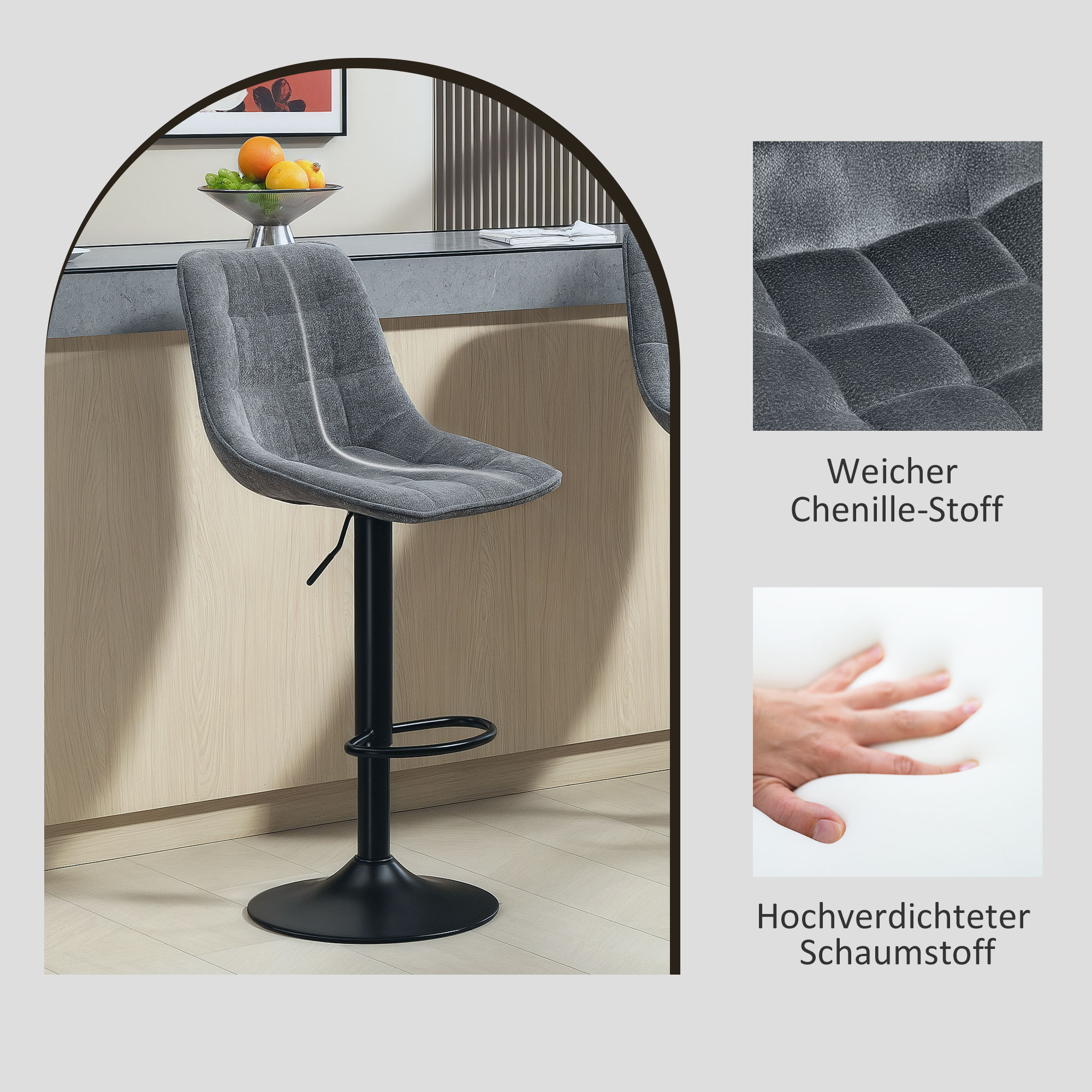 Moderner Barhocker, 2er-Set drehbare Barstühle mit Rückenlehne, höhenverstellbar, mit Fußstütze, gepolstert, Dunkelgrau