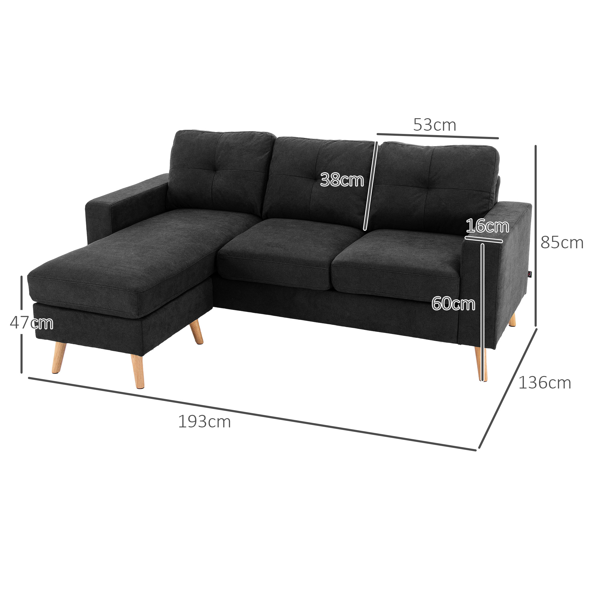 3-Sitzer-Sofa Sofa Couch Ecksofa, mit Chaiselongue, Knopfheftung, 193 x136 x 85 cm, Schwarz