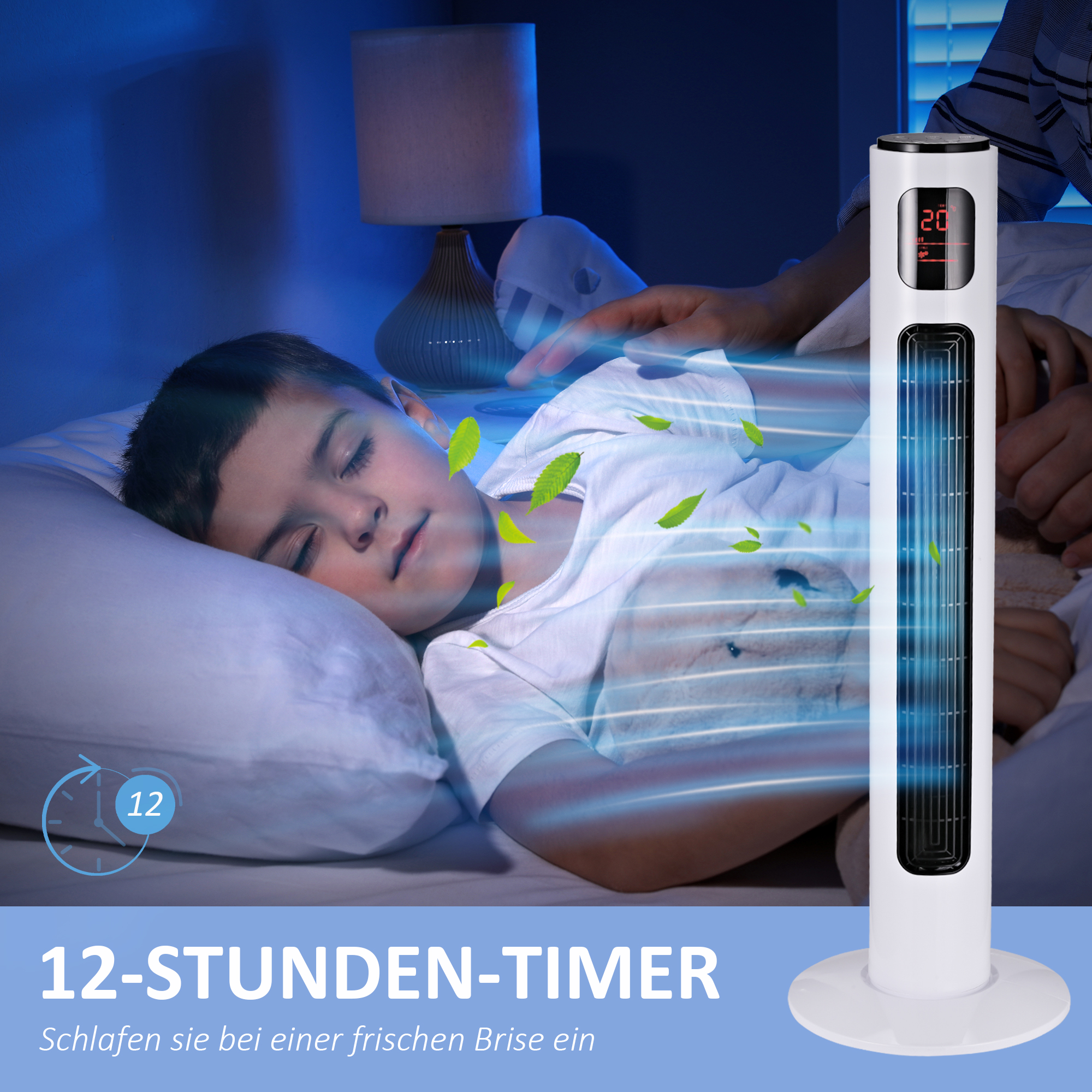 Turmventilator mit Fernbedienung 70° oszillierender 96 cm Standventilator Säulenventilator 45 W mit 3 Modi 3 Geschwindigkeiten Timer Weiß