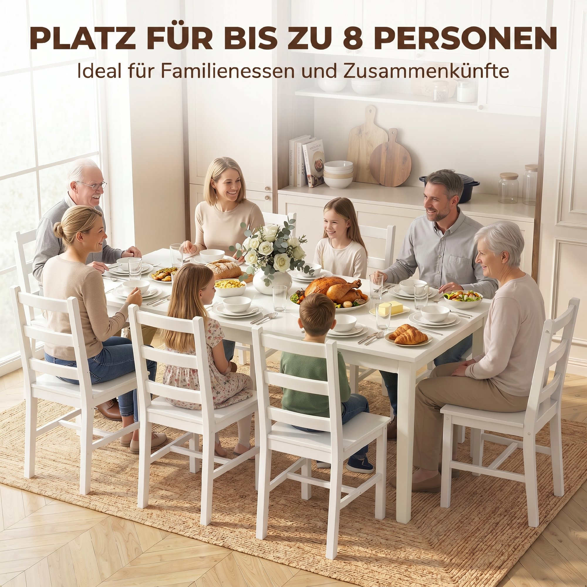 Esstisch für 8 Personen, Moderner Küchentisch mit Massivholzbeinen, 180 cm, Creme