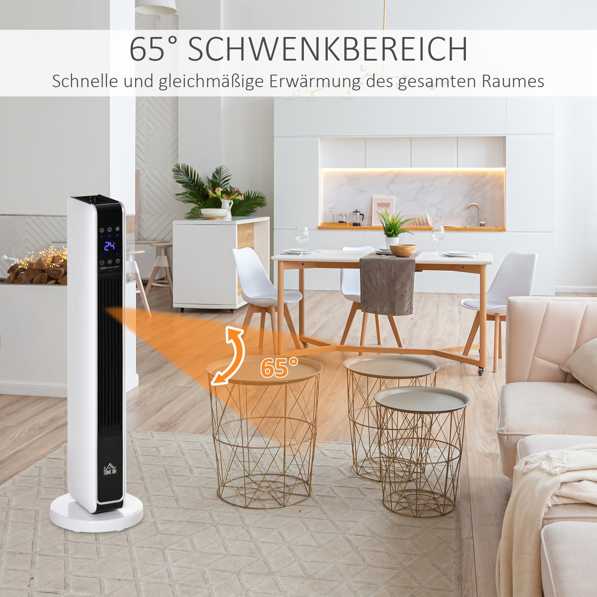 Heizgerät Heizlüfter 2200W Elektroheizer Keramik Heizturm mit Fernbedienung 8-Stunden-Timer Oszillation Heizer Heizung ABS PA Weiß+Schwarz 21 x 21 x 73 cm