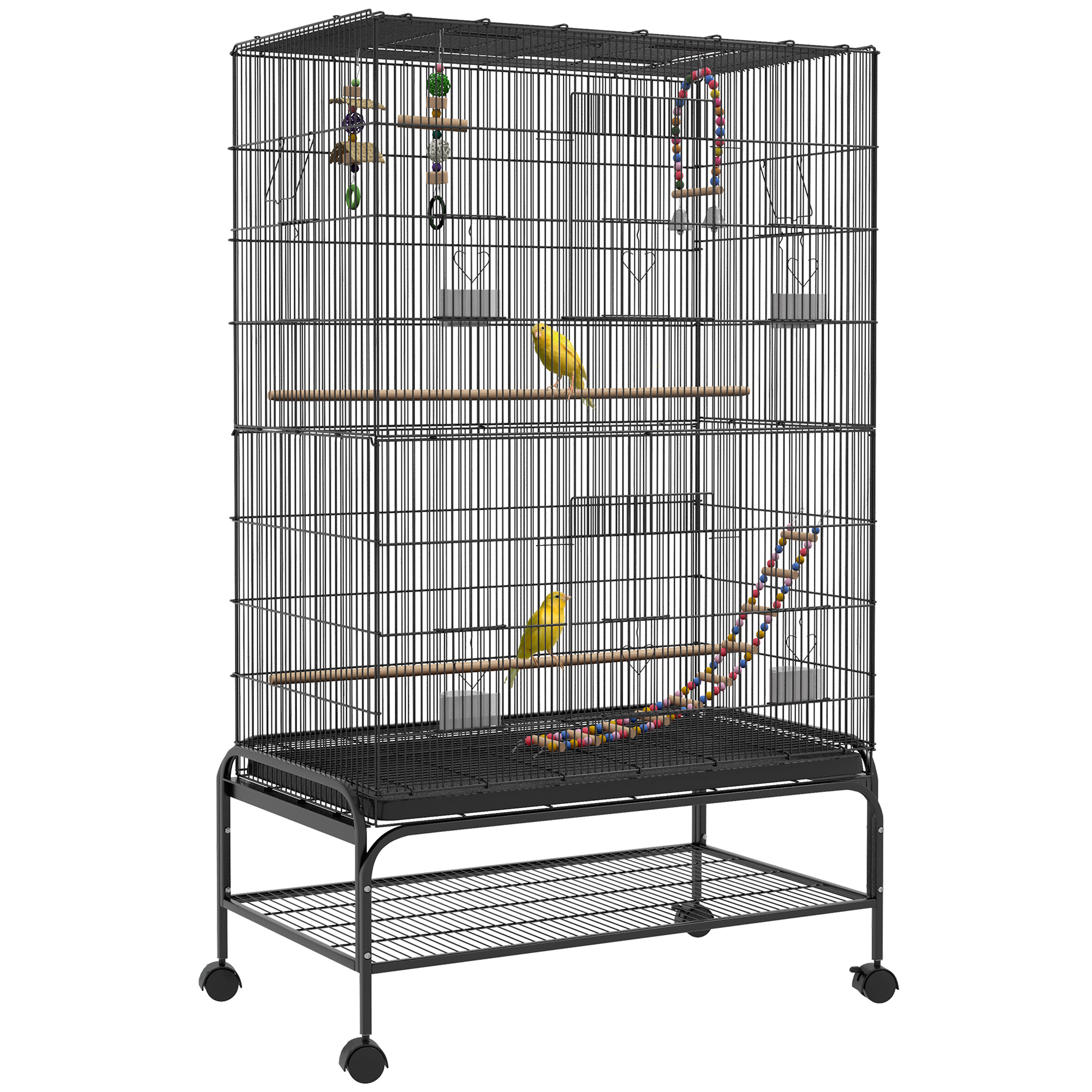 Vogelkäfig inklusive Sitzstangen, Vogelspielzeug, herausnehmbare Bodenwanne, Schwarz