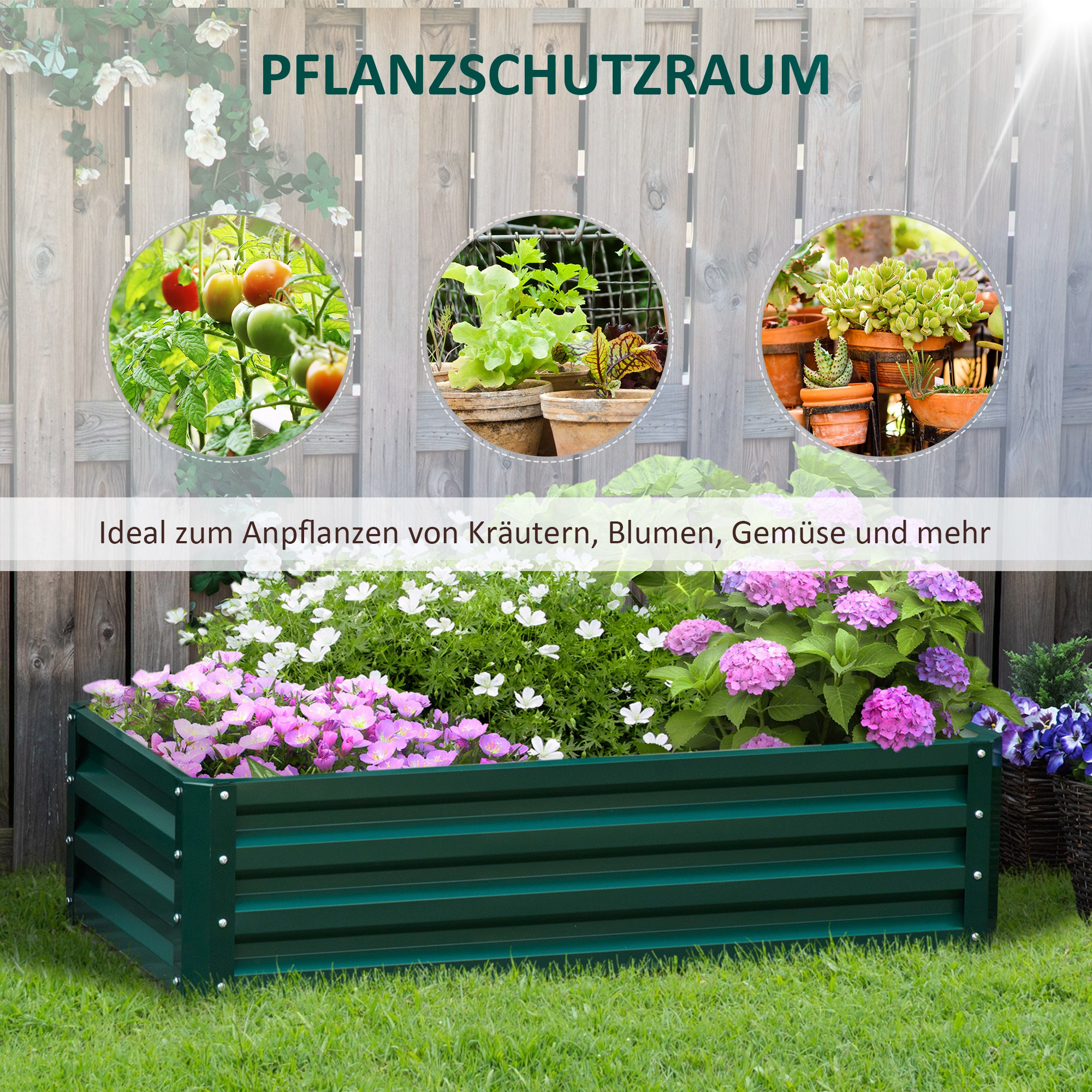 Hochbeet Pflanzkasten, wetterbeständig, offener Boden, verzinkter Stahl, 120 cm x 60 cm x 30,5 cm, Grün
