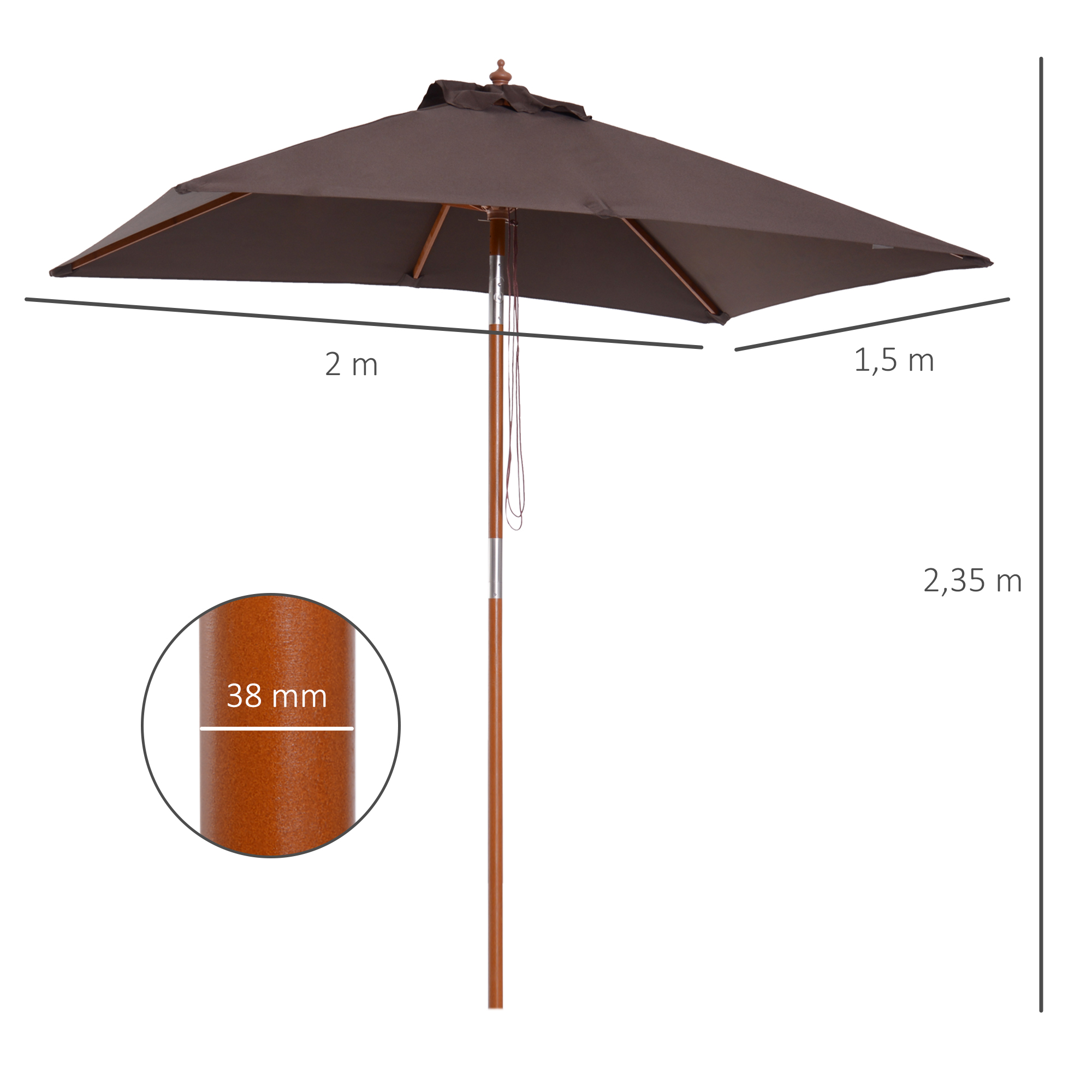 Sonnenschirm 200 x 150 x 235 cm Knickbarer Gartenschirm 3-stufig einstellbar rechteckig Strandschirm wasserabweisend und UV-beständig für Strand Balkon Terrasse Garten Kaffee