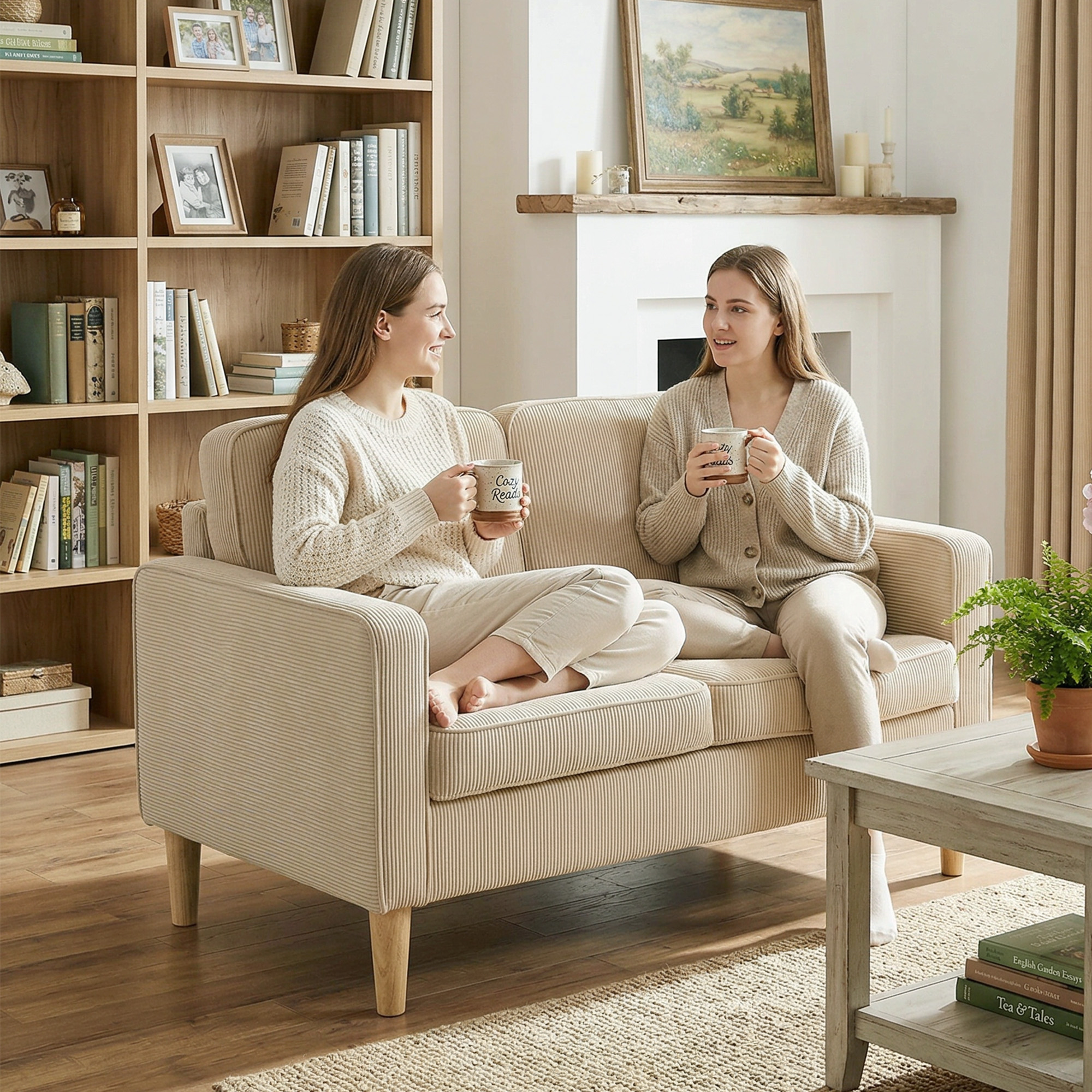 Sofa 2 Sitzer Couch mit 2 Wurfkissen, Stauraum Massivholzfüßen 117 x 63 x 79 cm Beige