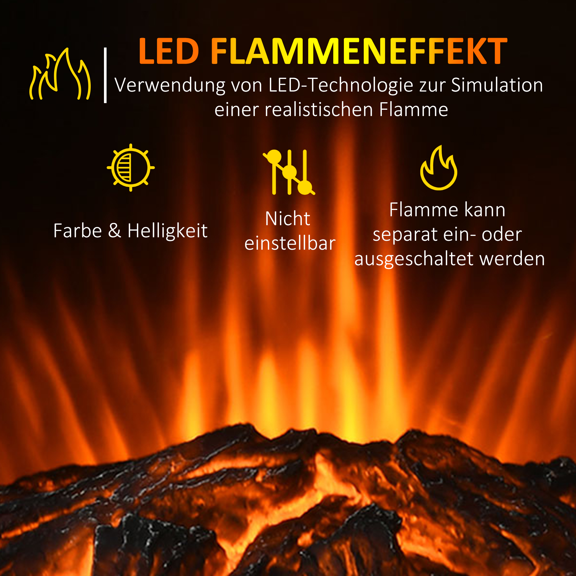 Elektrokamin, realistische Flammen, 2 Heizstufen, Überhitzungsschutz, Stahl, Schwarz, 44,5 x 32 x 74cm