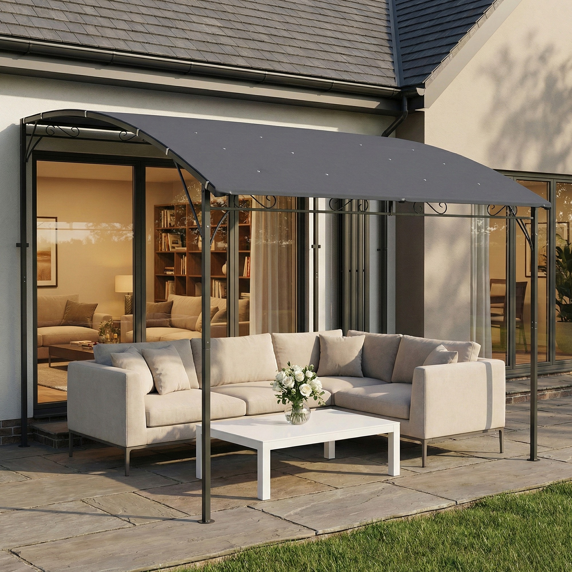 Anbaupavillon Pergola mit Metallgestell Dach, wetterfest wandmontiert Pavillon Vordach 2,86 x 3,84 x 2,52 m Grau