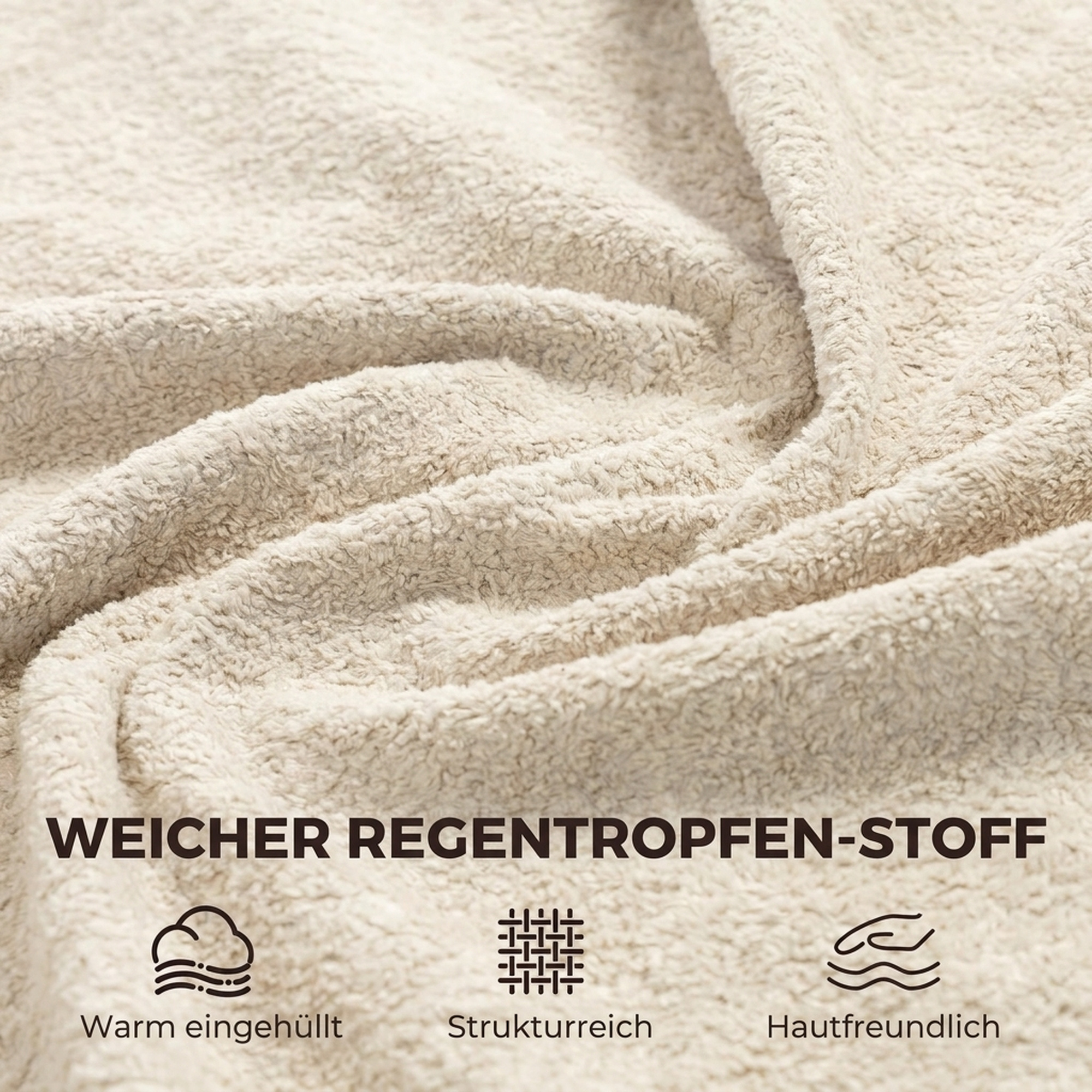 Polster-Schaukelstuhl mit verstellbarer Kopfstütze, Velours in Regentropfen-Optik, Gestell aus Gummibaumholz, Cremeweiß