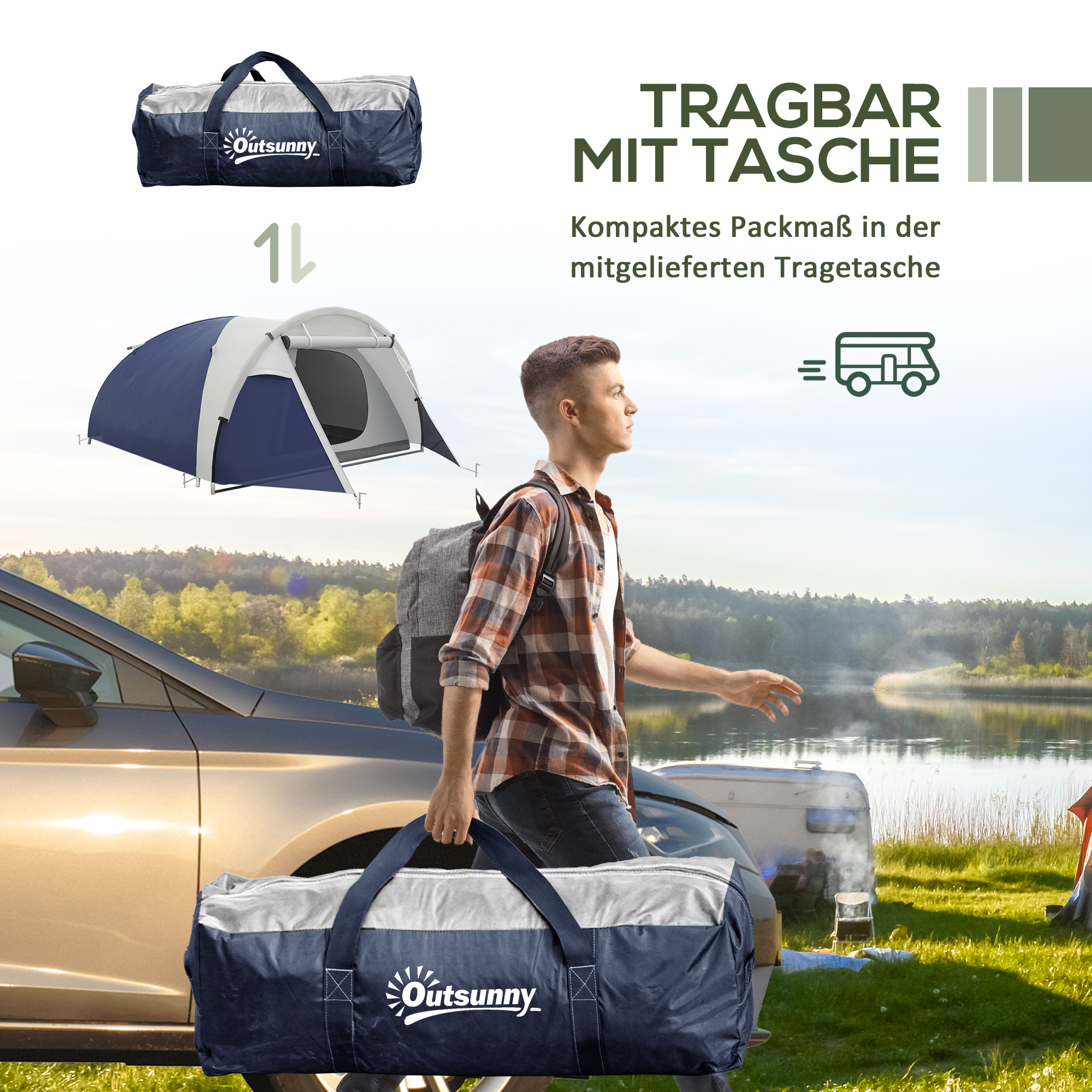 Campingzelt für 3-4 Personen, robust, mit Tragetasche, 2 Öffnungen, Zubehör, Blau