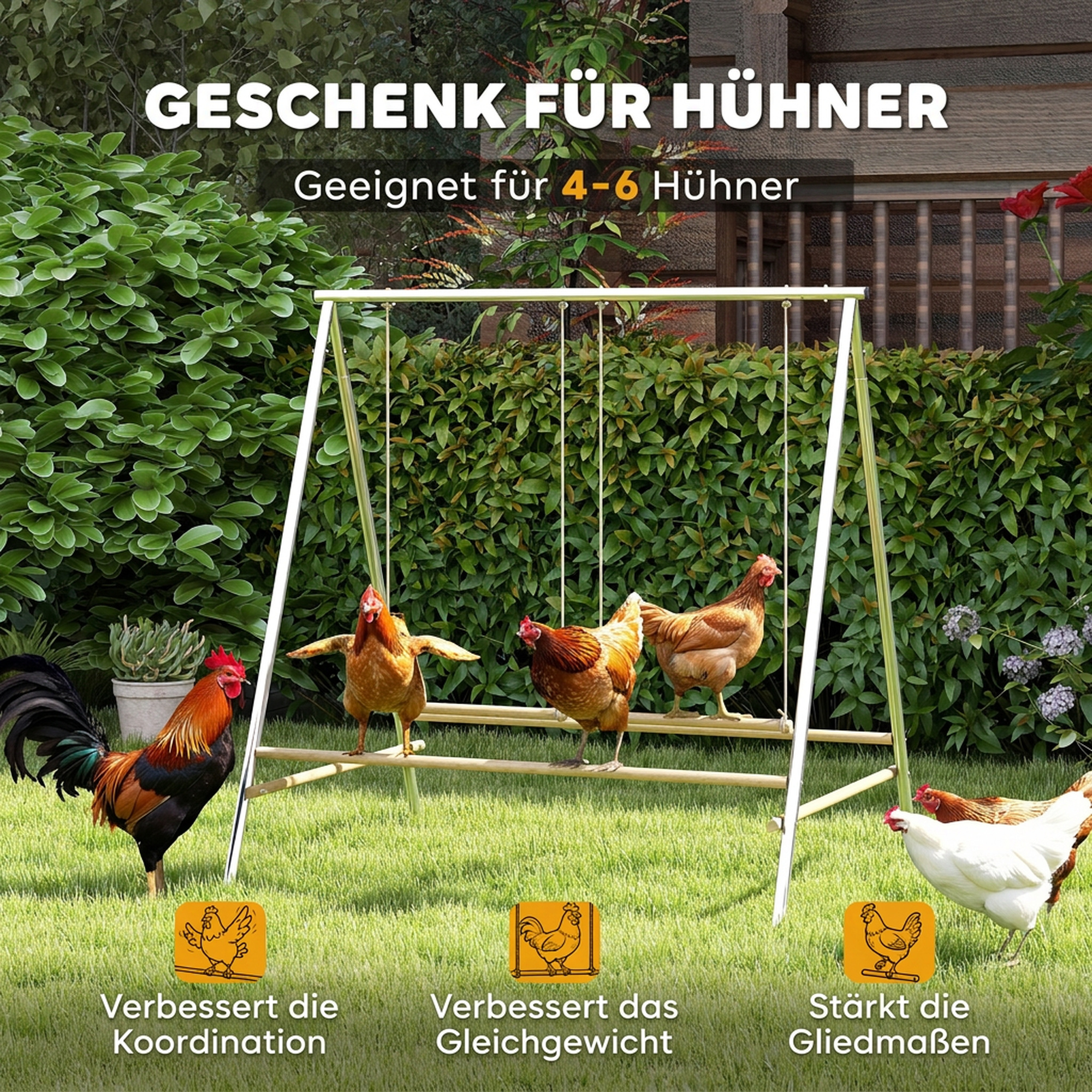 Hühner Spielgerüst aus Stahl Kiefernholz, Spielplatz für Hühner mit Sitzstangen, 2 Schaukeln für 4-6 Hühner