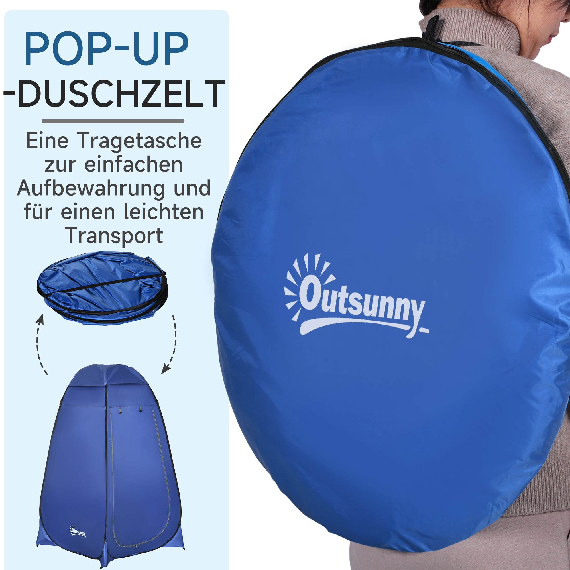 Pop-up toilettent, mobiele campingdouchetent, omkleedtent met binnenvak, douchecabine, kleedcabine, waterproof, polyester, donkerblauw, 120 x 120 x 190 cm