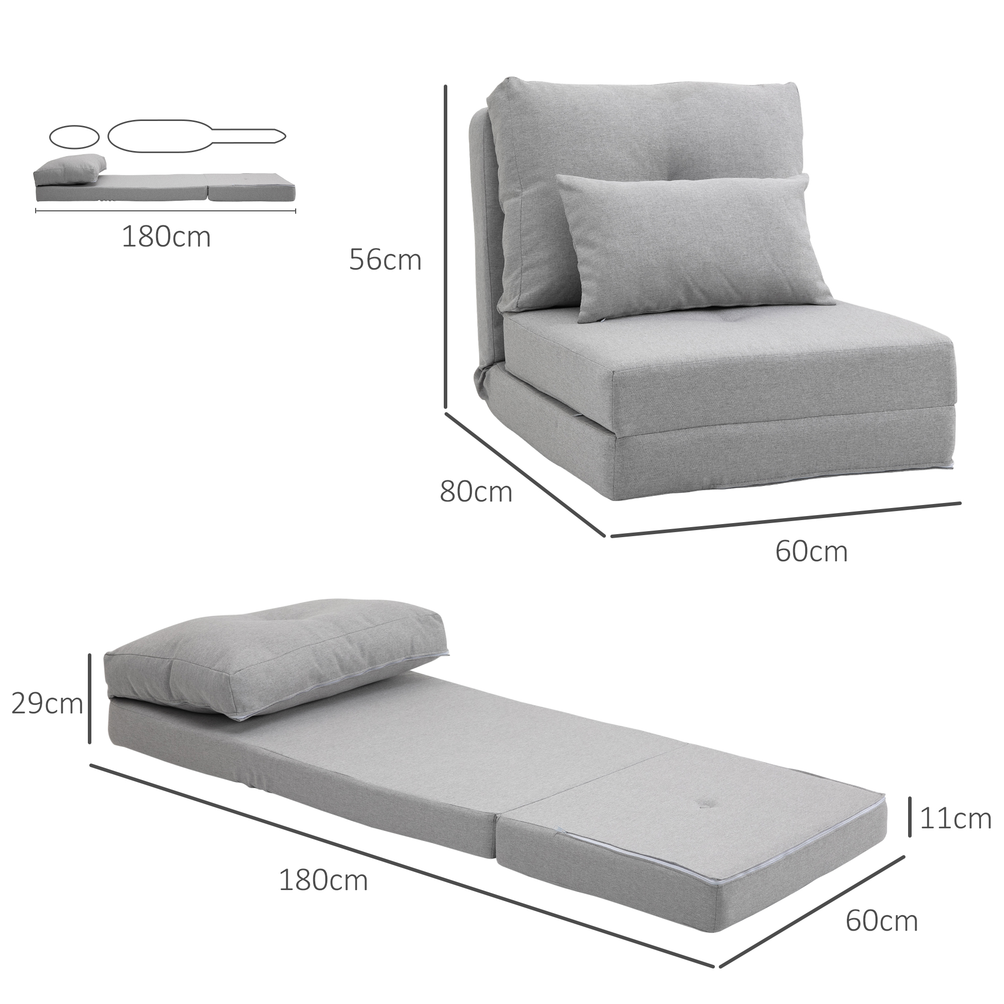 Bodensessel Klappmatratze Schlafmatte, 2-in-1-Design, abnehmbares Kissen, 60 x 80 x 56 cm, Grau