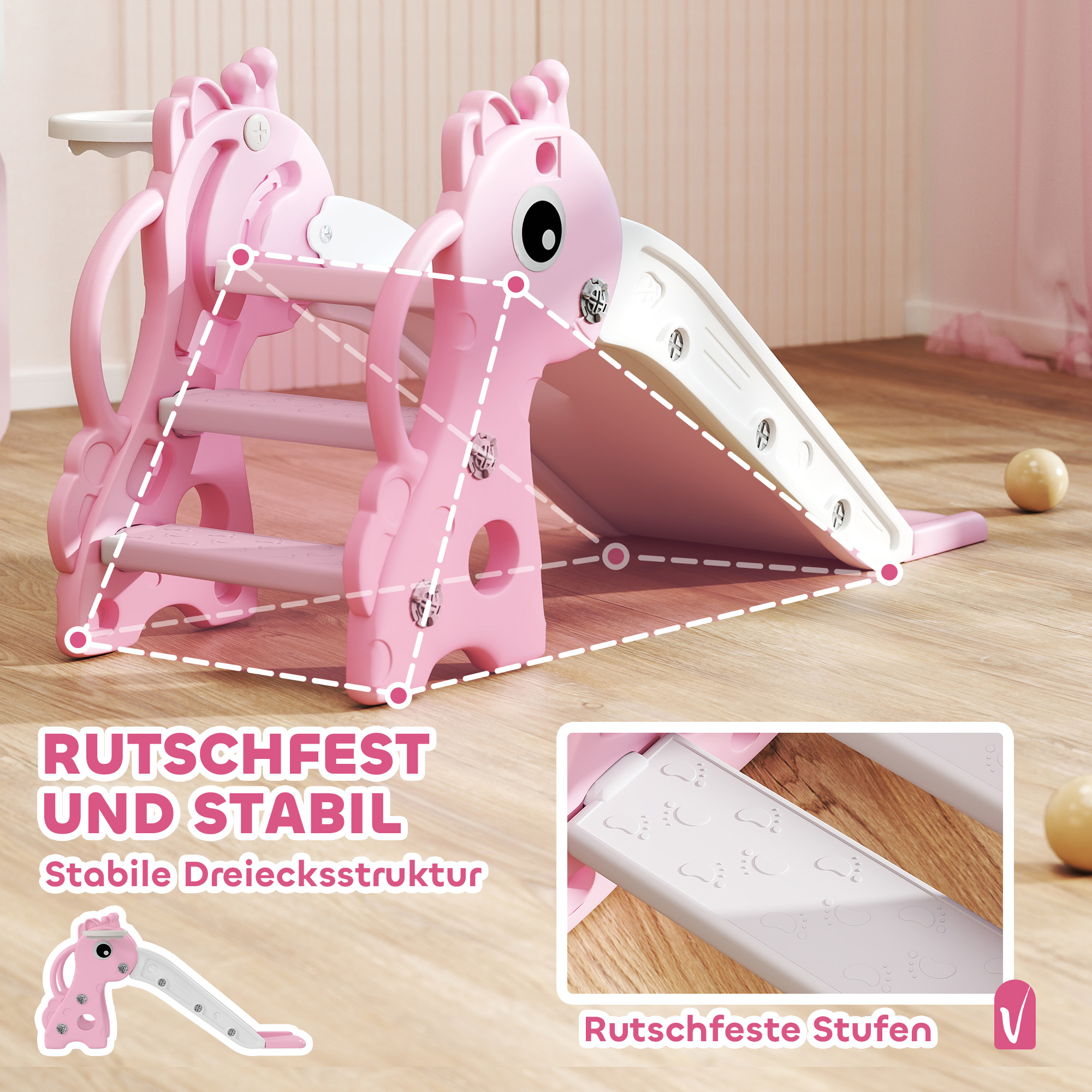 3-in-1 Rutsche für Kinder, Giraffenform, Basketballkorb, Ball, Rosa