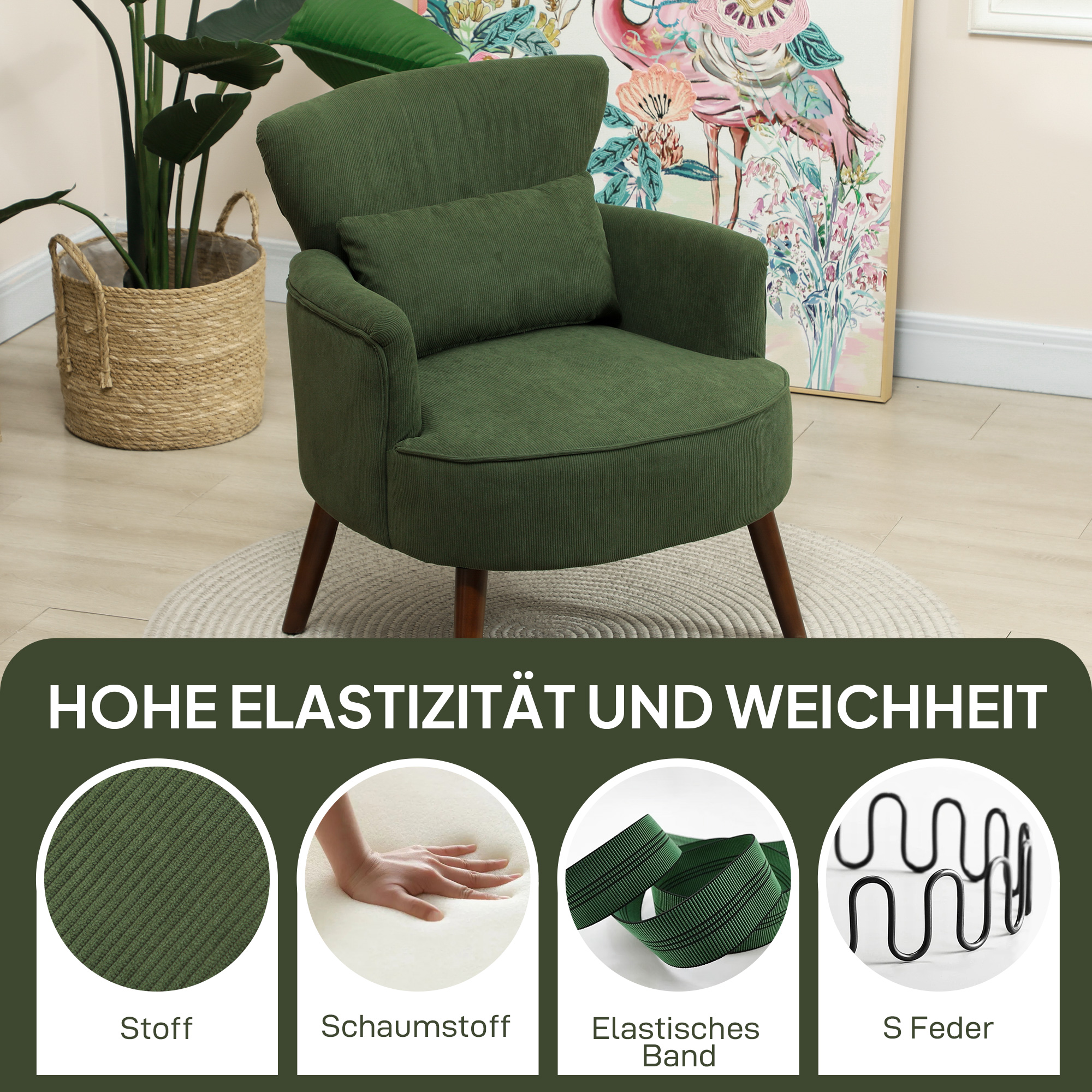 Moderner Armlehnstuhl, Gepolsterter Akzentstuhl mit Lendenkissen, Grün