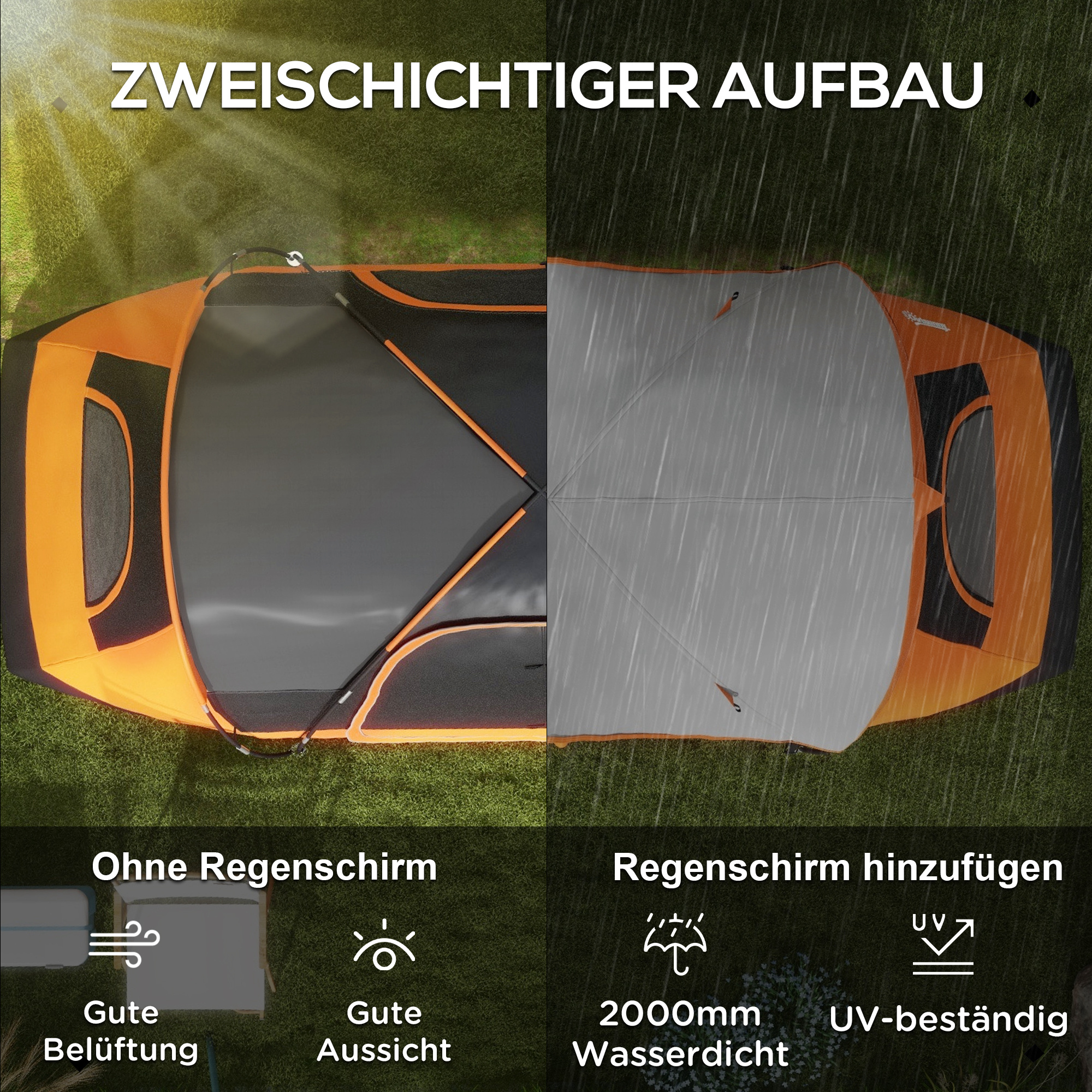 Campingzelt, 2 Räume, Trennwand, für 6-8 Personen, Regenschutz, Orange