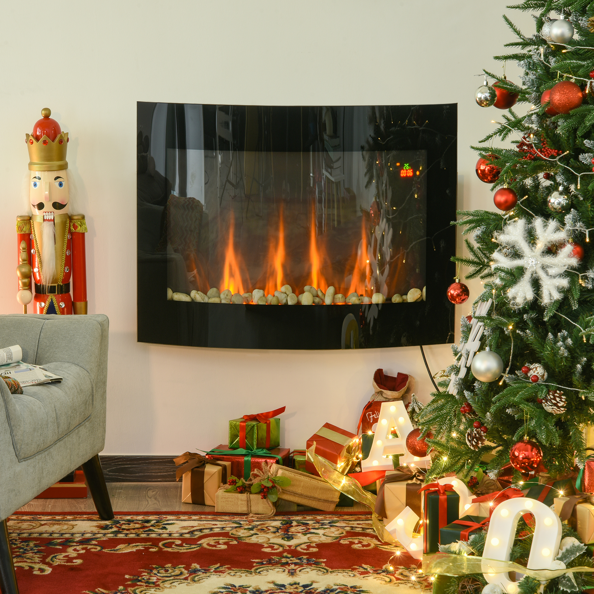 Elektrokamin mit Heizung, elektrischer Kamin mit 3D Flammeneffekt, 7 Flammenfarben, 900/1800 W, Wandkamin mit Timer, Dekokamin mit Fernbedienung, Schwarz, 65 cm