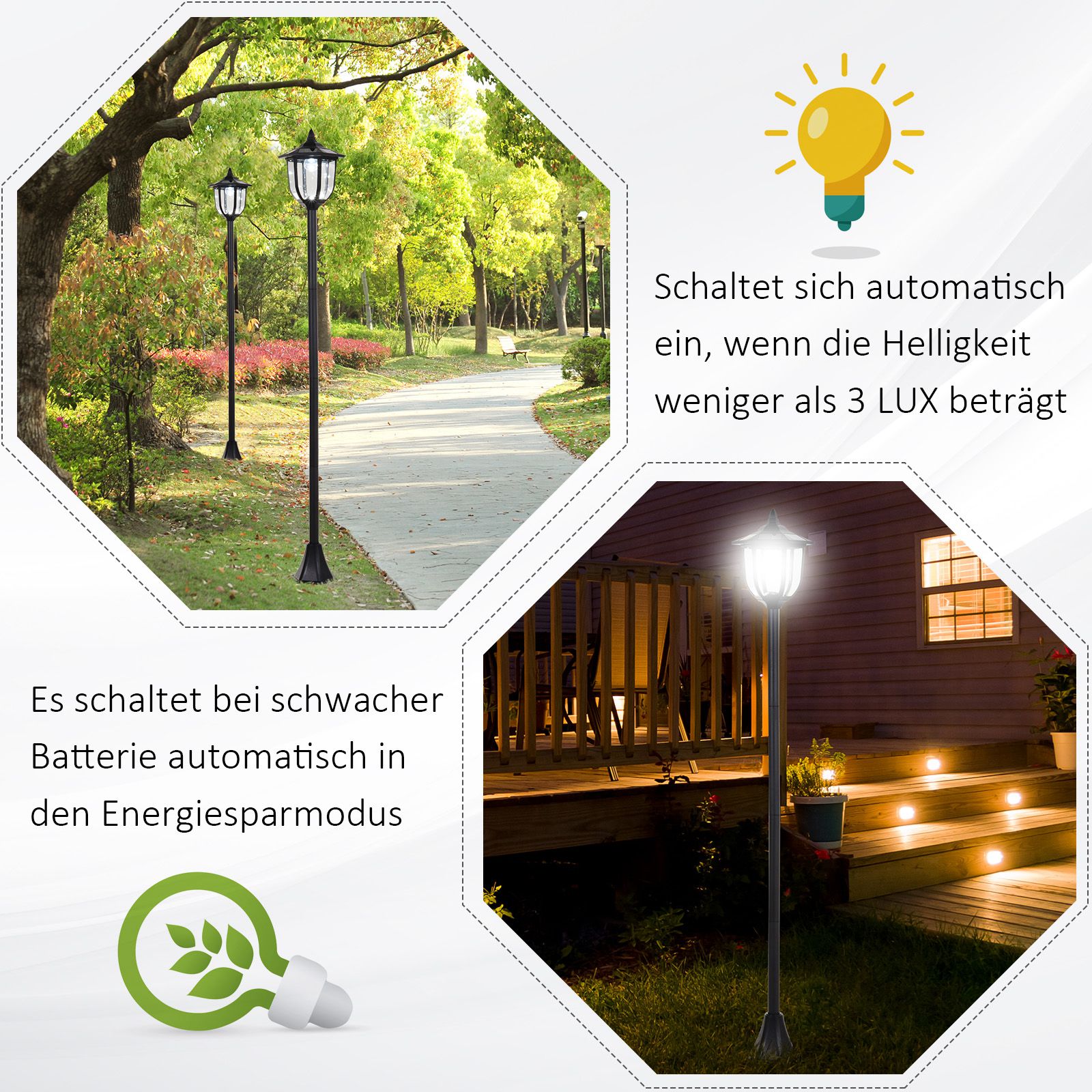 Solar LED Gartenlaterne, Laterne aus Kunststoff, Außenleuchte für Innen und Außen 177 cm hoch, Gartenleuchte, 30/60 Lumen, für Garten Balkon Deko Schwarz