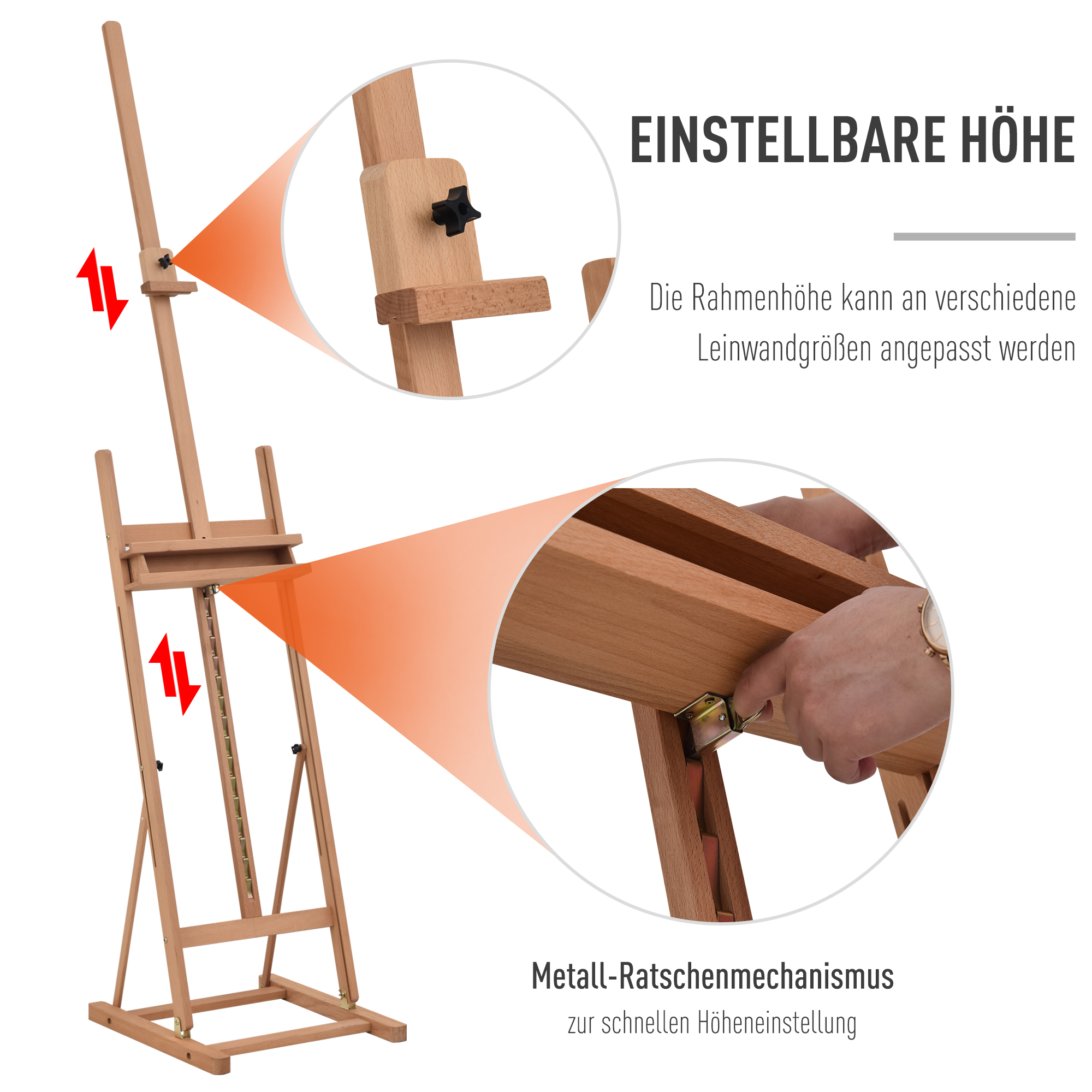 Staffelei Keilrahmen Atelierstaffelei Höhen- und Winkelverstellbar mit Ablagefach Buchenholz Natur 53 x 50,5 x 171-230 cm