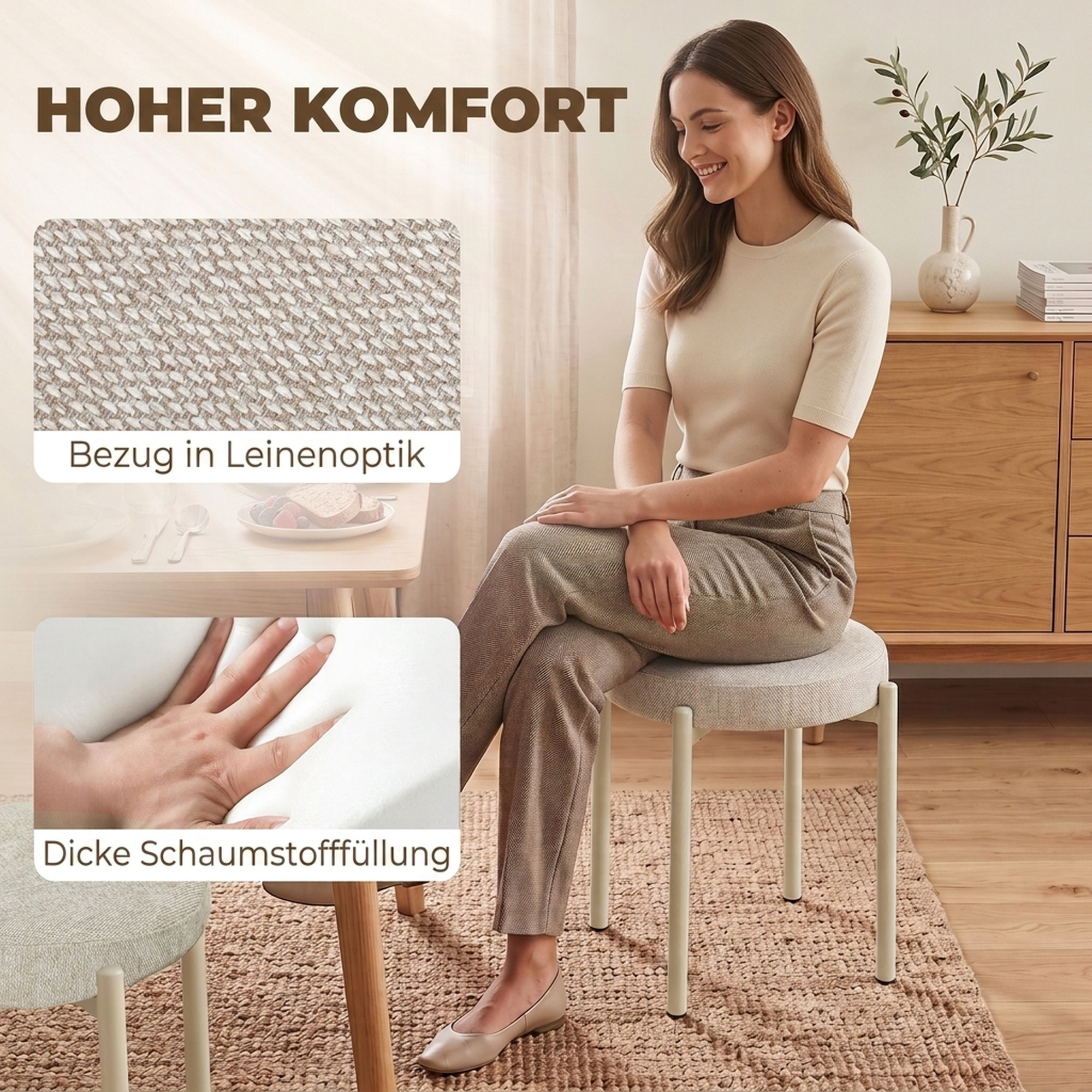 Esszimmerhocker 4er Set Stapelbare Sitzhocker mit Stahlbeinen, Leinenoptik für Esszimmer, Wohnzimmer, Küche, Cremeweiß