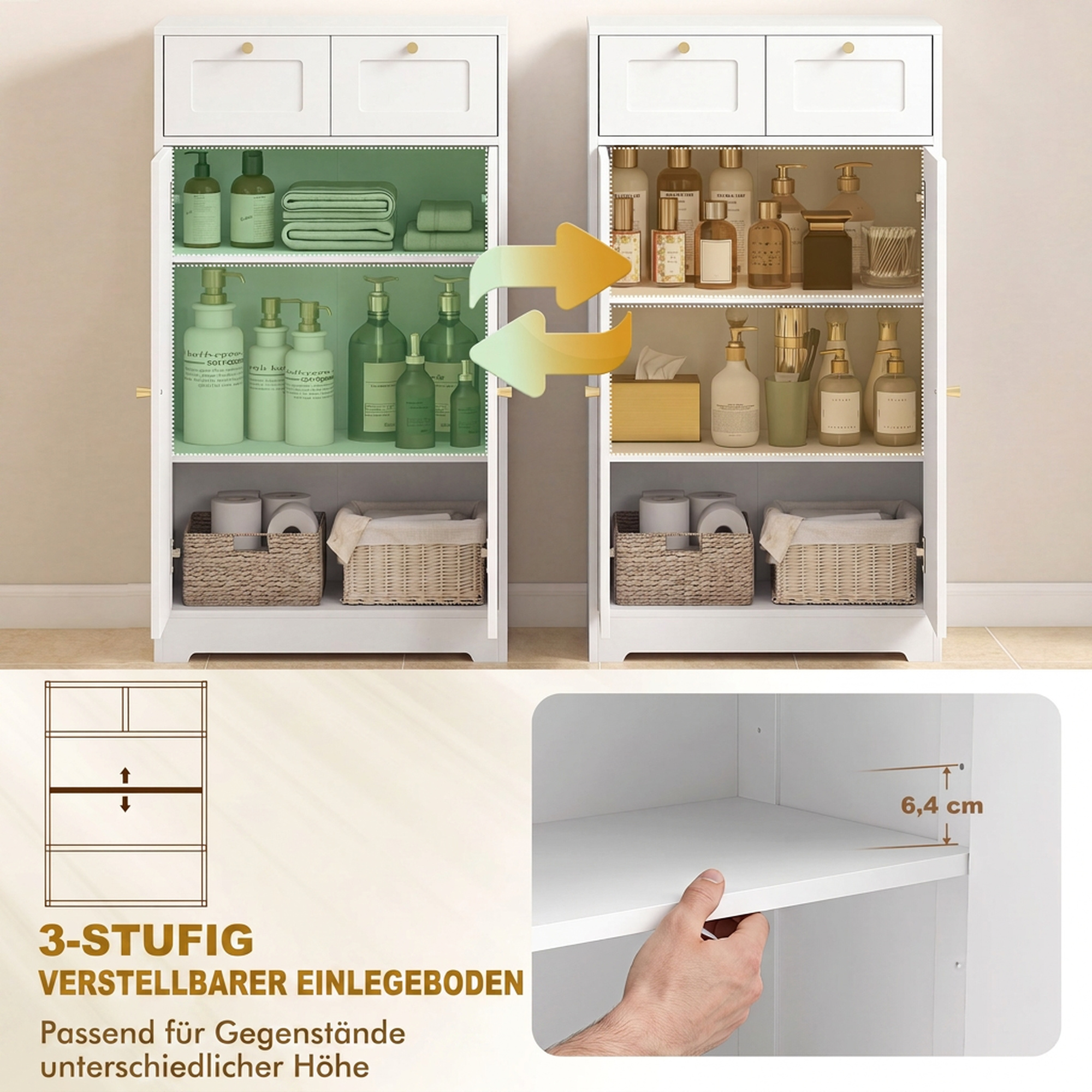 Badezimmerschrank Badschrank schmal mit 2 Schubladen, verstellbarem Einlegeboden 60 x 30 x 108 cm Weiß