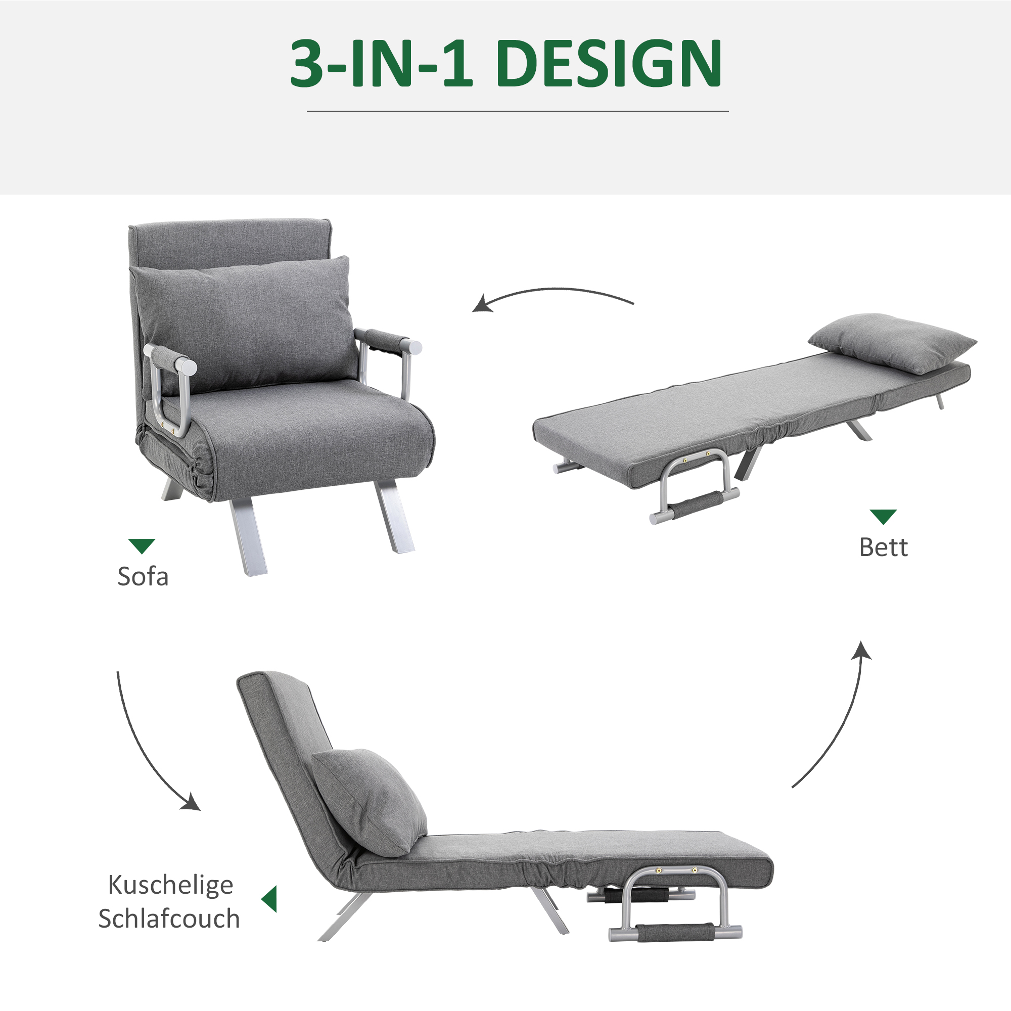 3 in 1 Schlafsessel Klappbar Schlafsofa mit Bettfunktion Verstellbarer Rückenlehne Kissen Gästebett in Leinenoptik, Relaxsessel Klappsessel für Wohnzimmer Schlafzimmer 65 x 69 x 80 cm Hellgrau