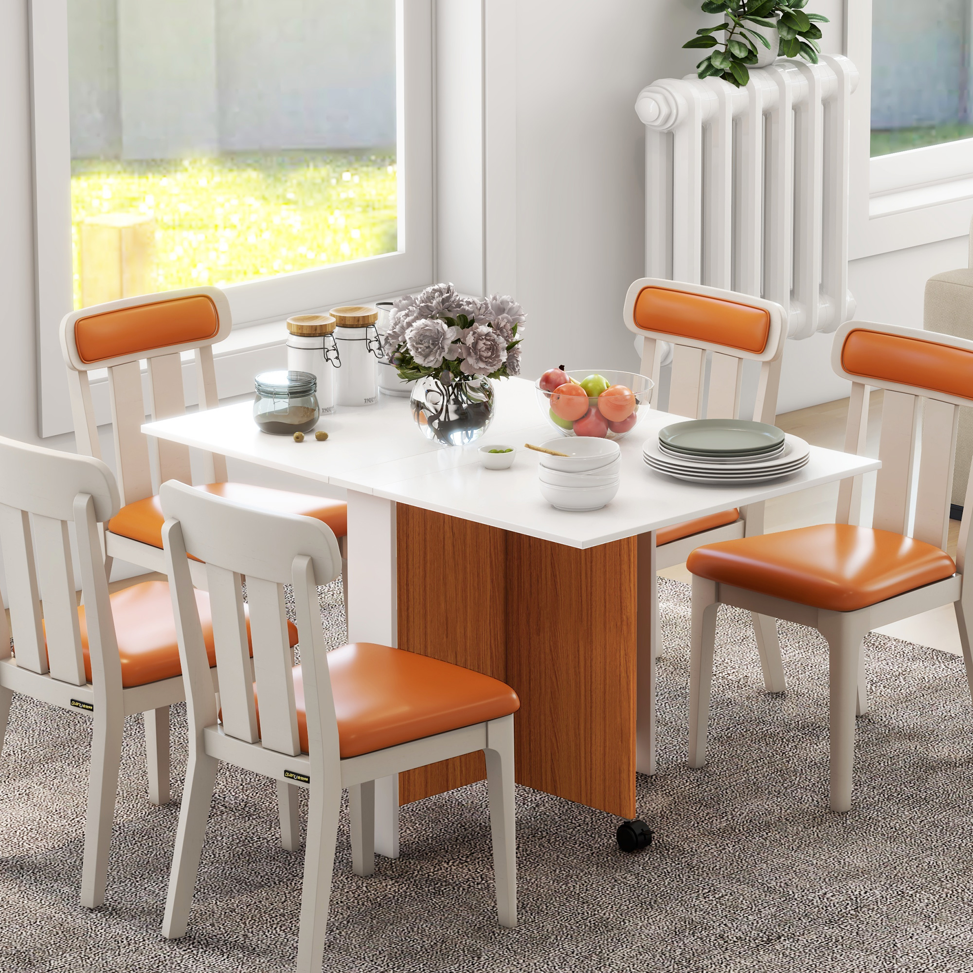 Ausklappbarer Esstisch Ausziehbarer Esstisch, mobil, modernes Design, 120 cm x 80 cm x 73 cm, Teak + Weiß