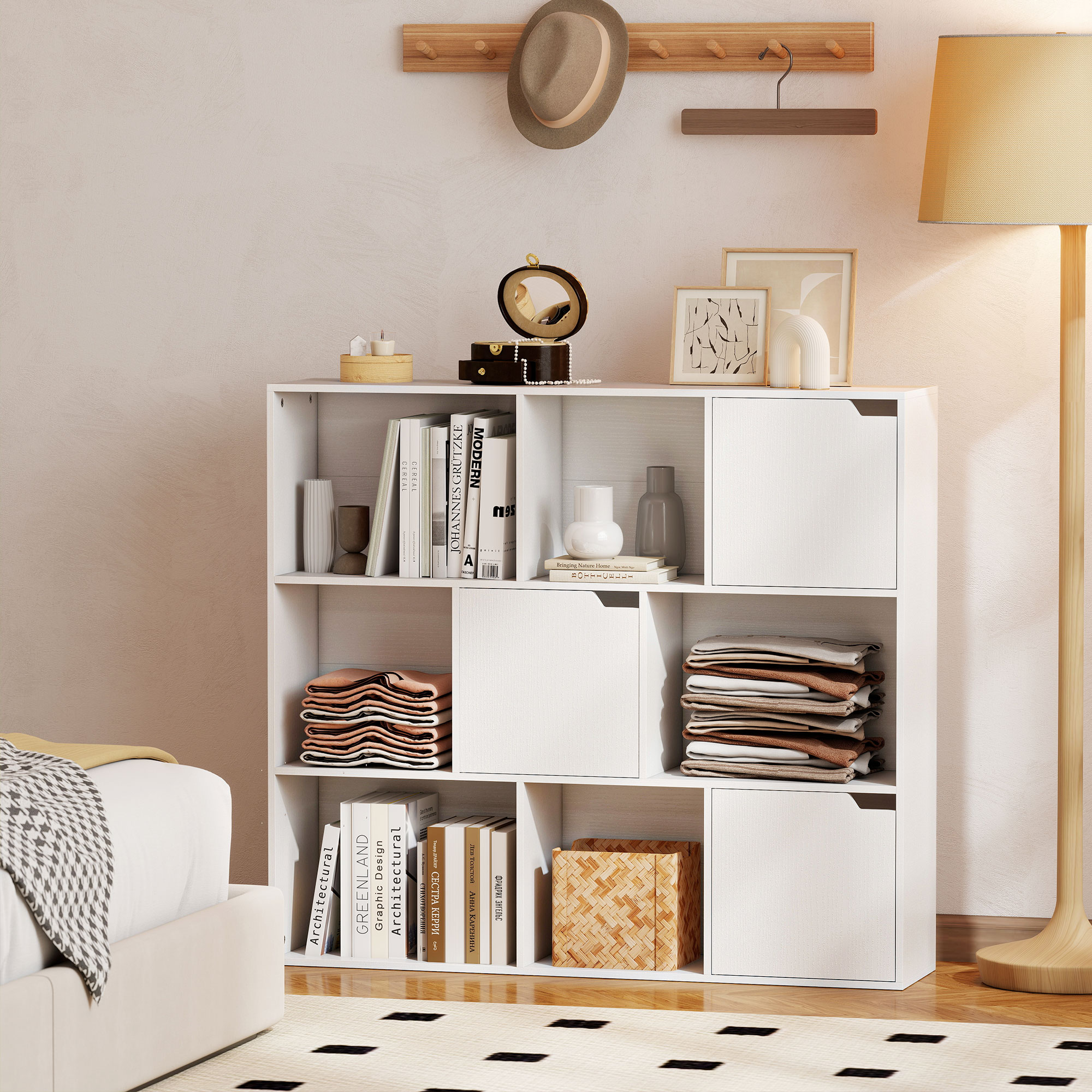 Bücherregal, 9 Würfelfächer, 3 Türen, 6 offene Regale, für Wohnzimmer, Schlafzimmer, Spanplatte, Weiß