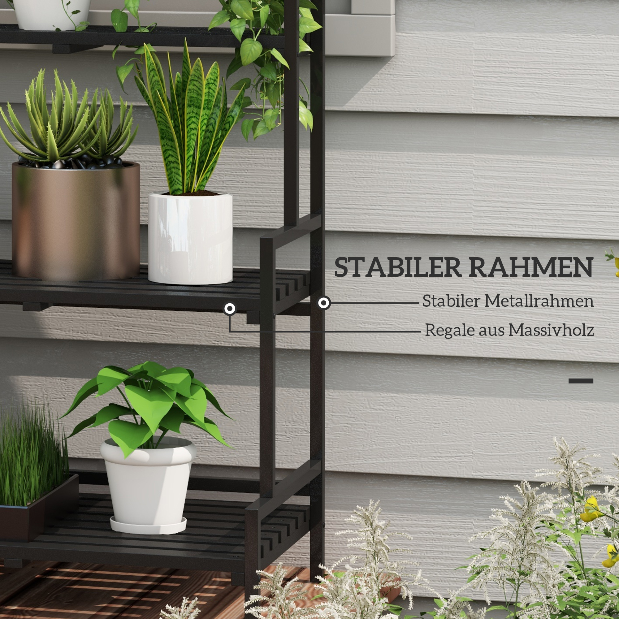 Blumenständer, 3 Etagen, 6 Haken, Indoor & Outdoor, Metallrahmen, 170H x 110L x 50B cm, Schwarz