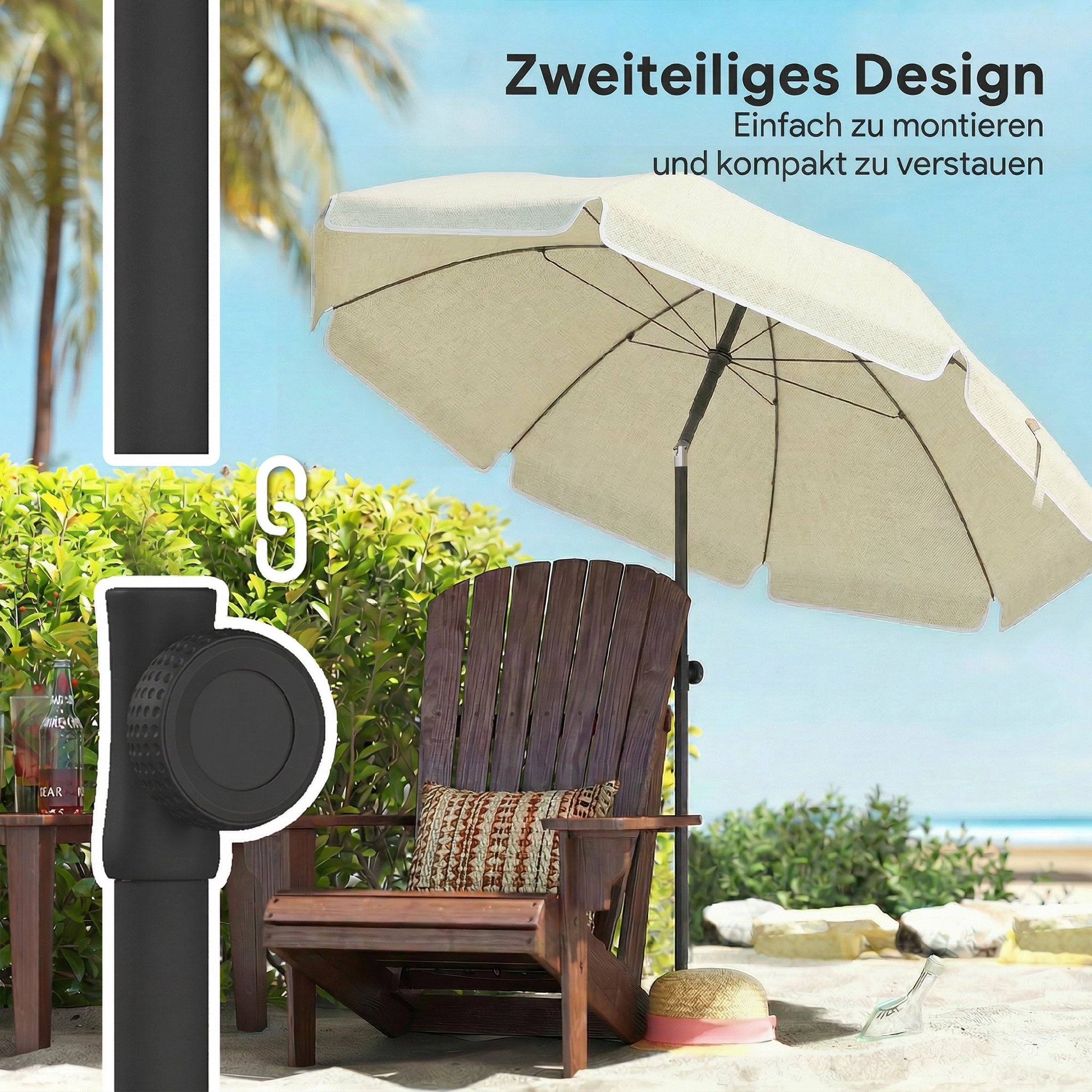 Sonnenschirm Strand Ø150 cm wasserabweisend faltbar Strandschirm mit Sandanker verstellbarer Neigung Tragetasche Beige