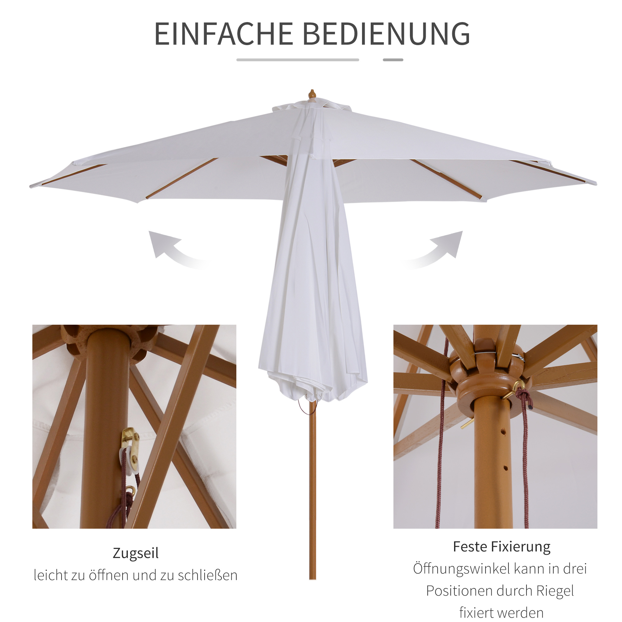 Sonnenschirm Ø 300 cm, Sonnenschirm mit UV Schutz Balkonschirm aus Holz Strandschirm stabil Marktschirm Sonnenschutz für Strand Terrasse Garten, Weiß