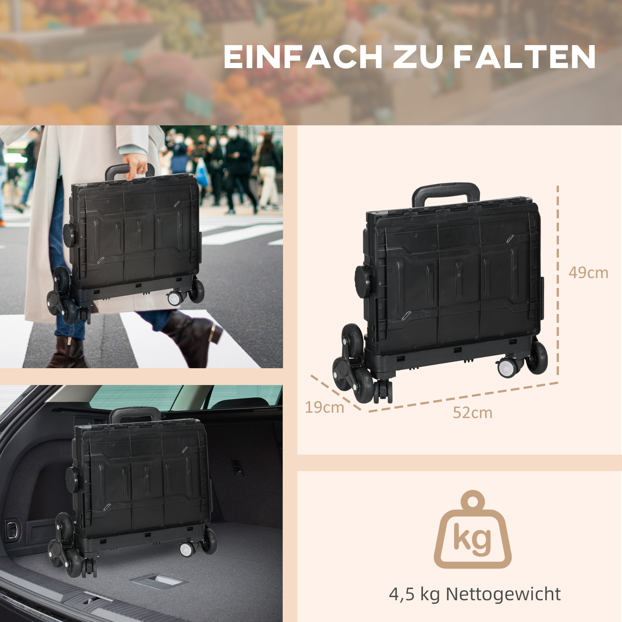 Einkaufswagen Einkaufstrolley, Treppensteiger,  klappbar, Teleskopgriff, bis max. 65 Kilo belastbar, Schwarz