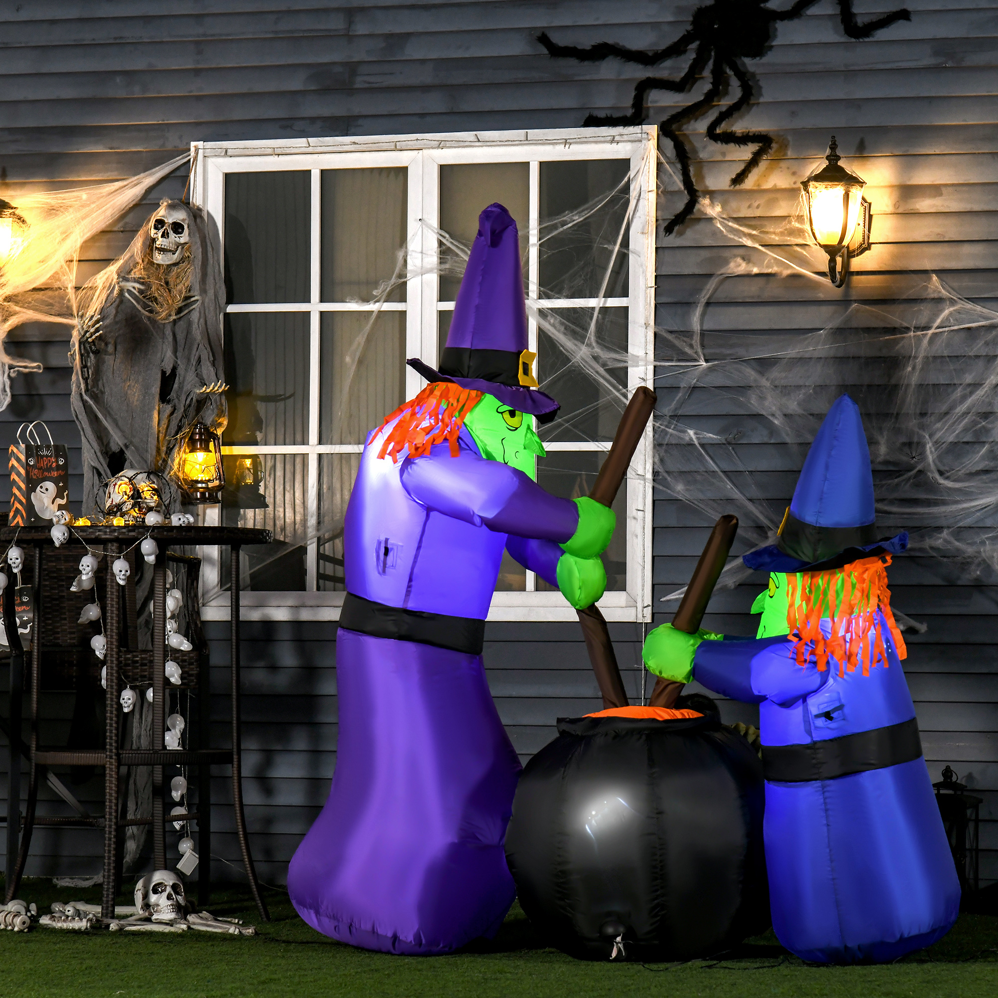 aufblasbare Hexen Hexenkessel Figur Luftfigur Halloween Deko mit LED Beleuchtung, Polyester, 170x60x180cm