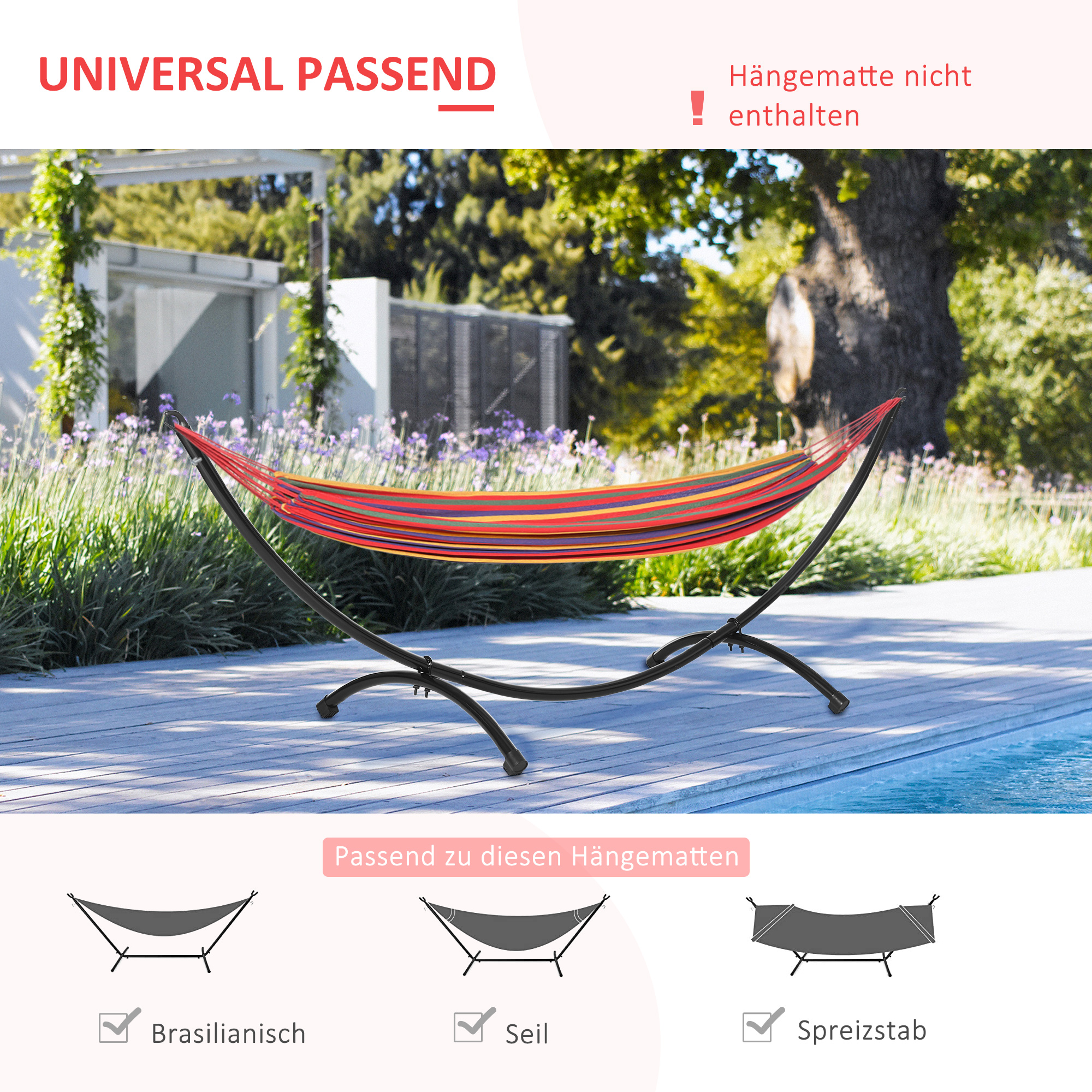 Hängemattengestell Outdoor aus Stahl 300cm x 90cm x100cm Hängemattenständer mit Zugseil bis 120 kg Hängesessel Gestell für Garten Strand Camping Schwarz