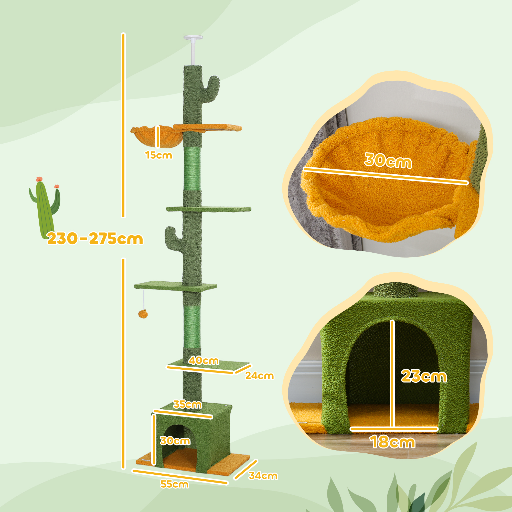 höhenverstellbarer Kratzbaum 230-275 cm, platzsparend, Spielzentrum mit Hängematte, Grün